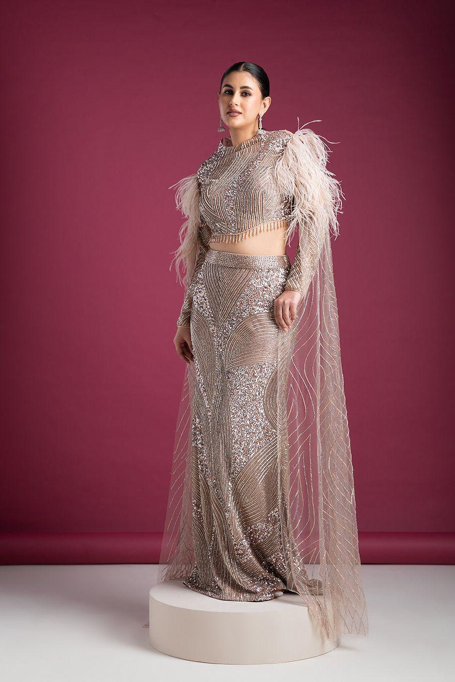Glamorous Embellished skirt and blouse with Feathered Sleeves - Mokshaa