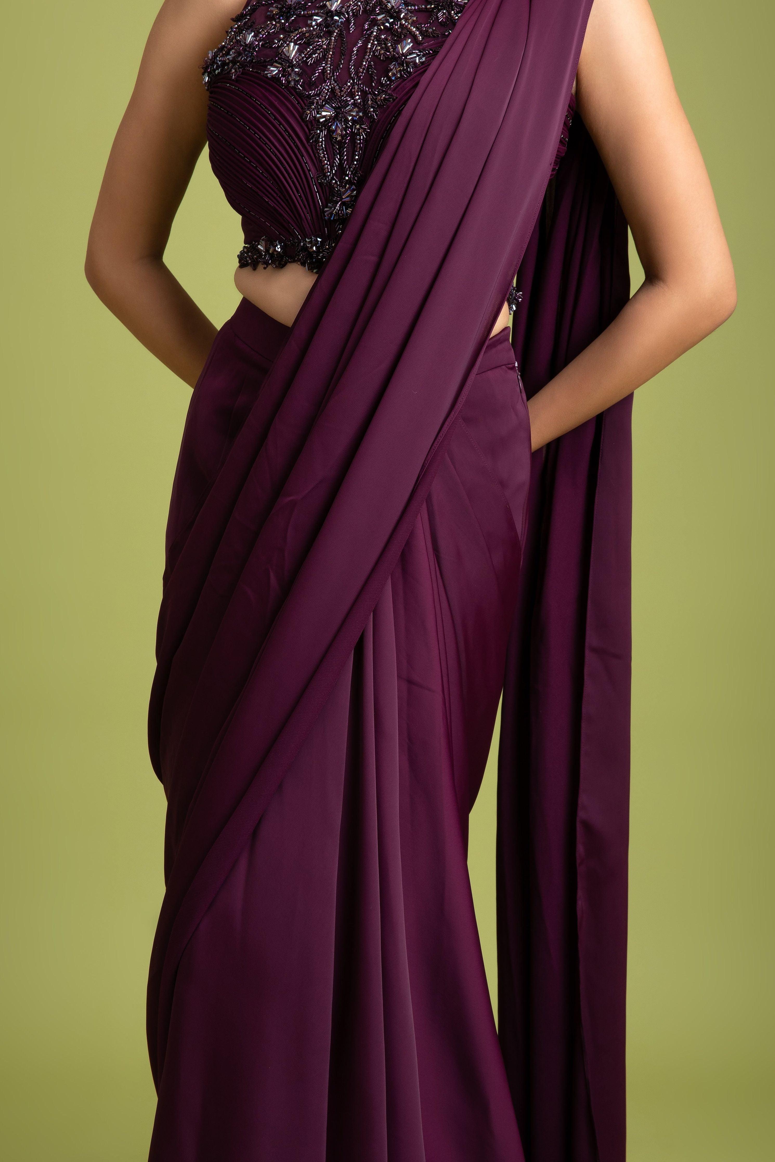 Wine Satin Silk Drape Saree - Mokshaa