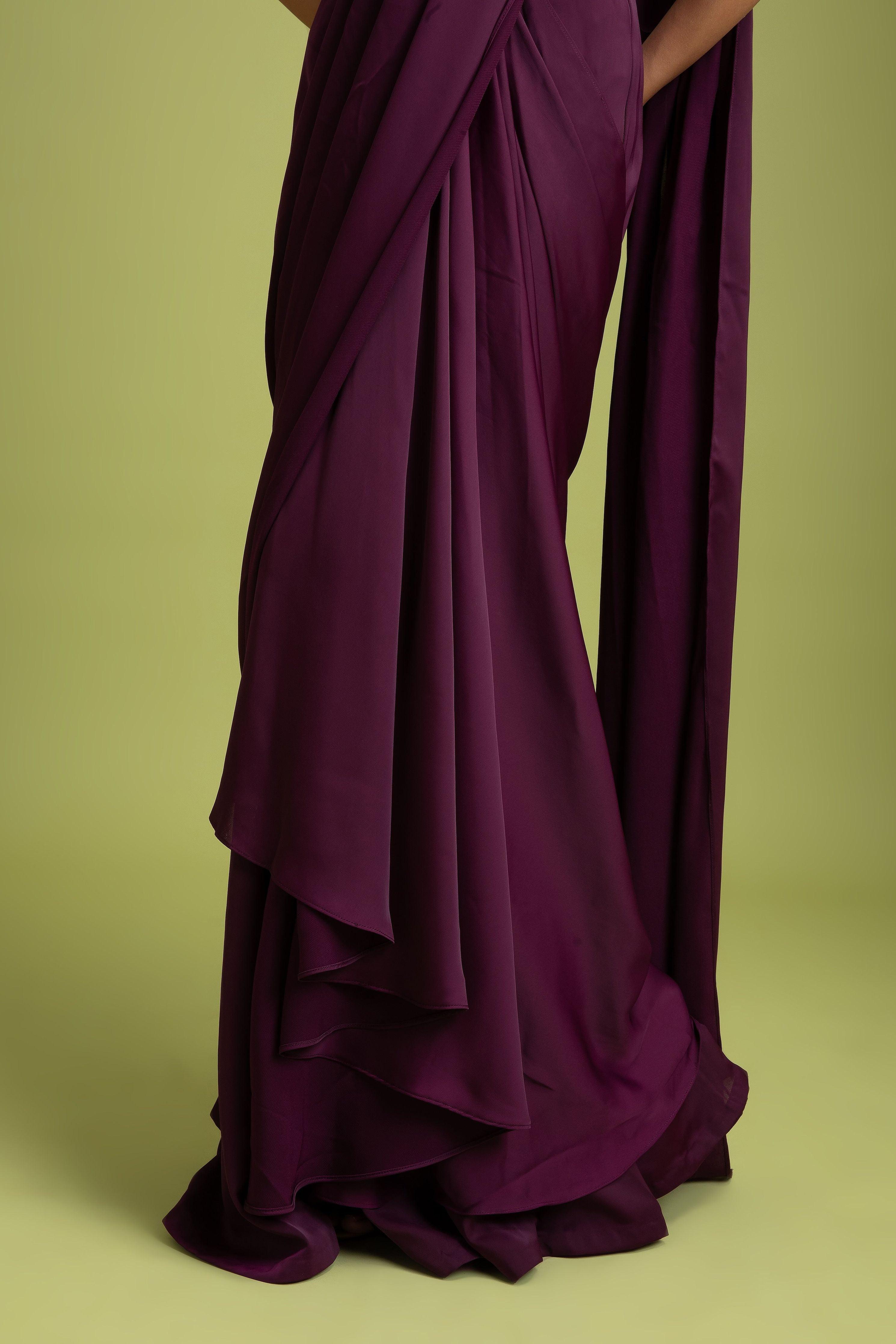 Wine Satin Silk Drape Saree - Mokshaa