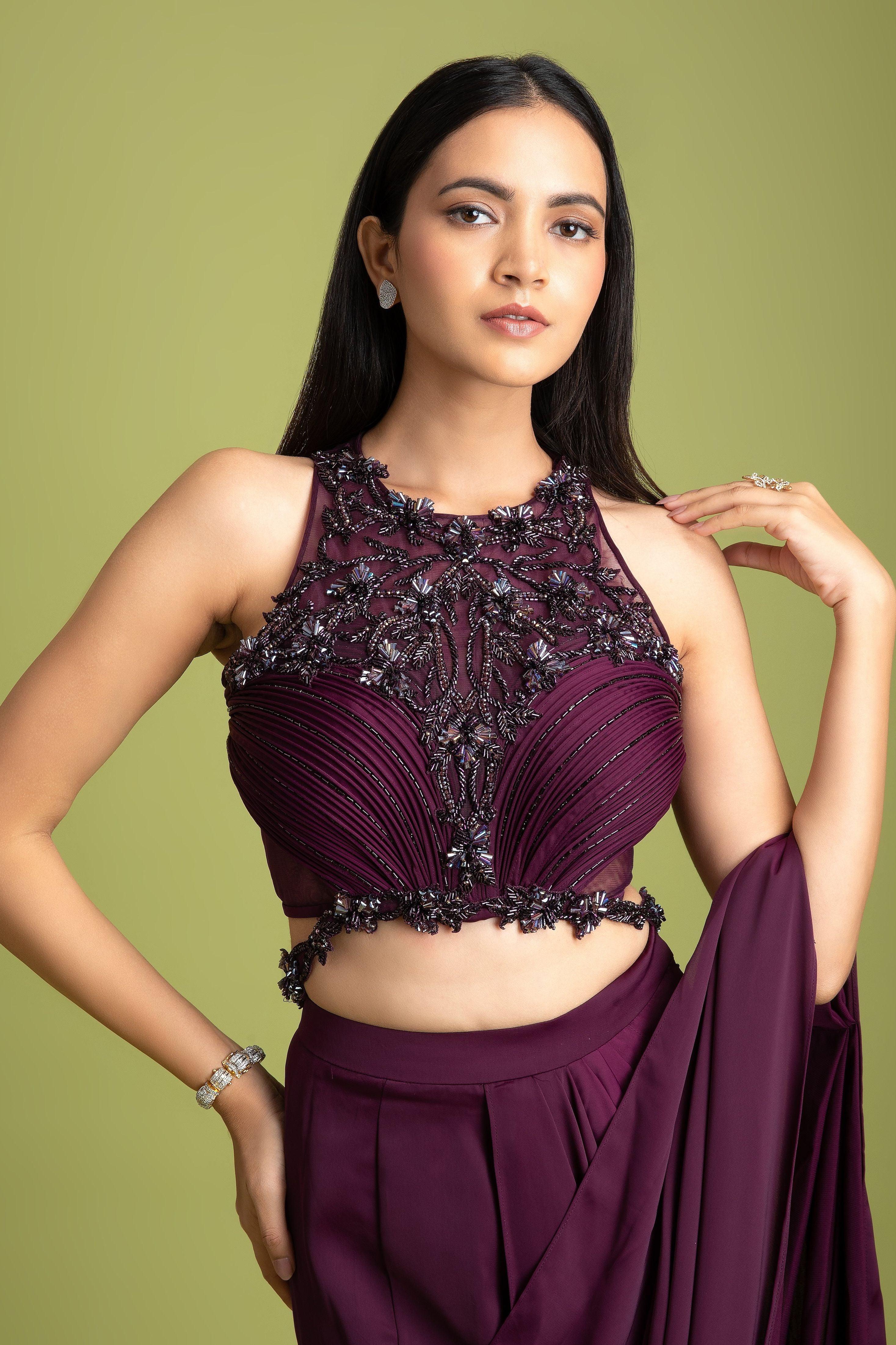 Wine Satin Silk Drape Saree - Mokshaa