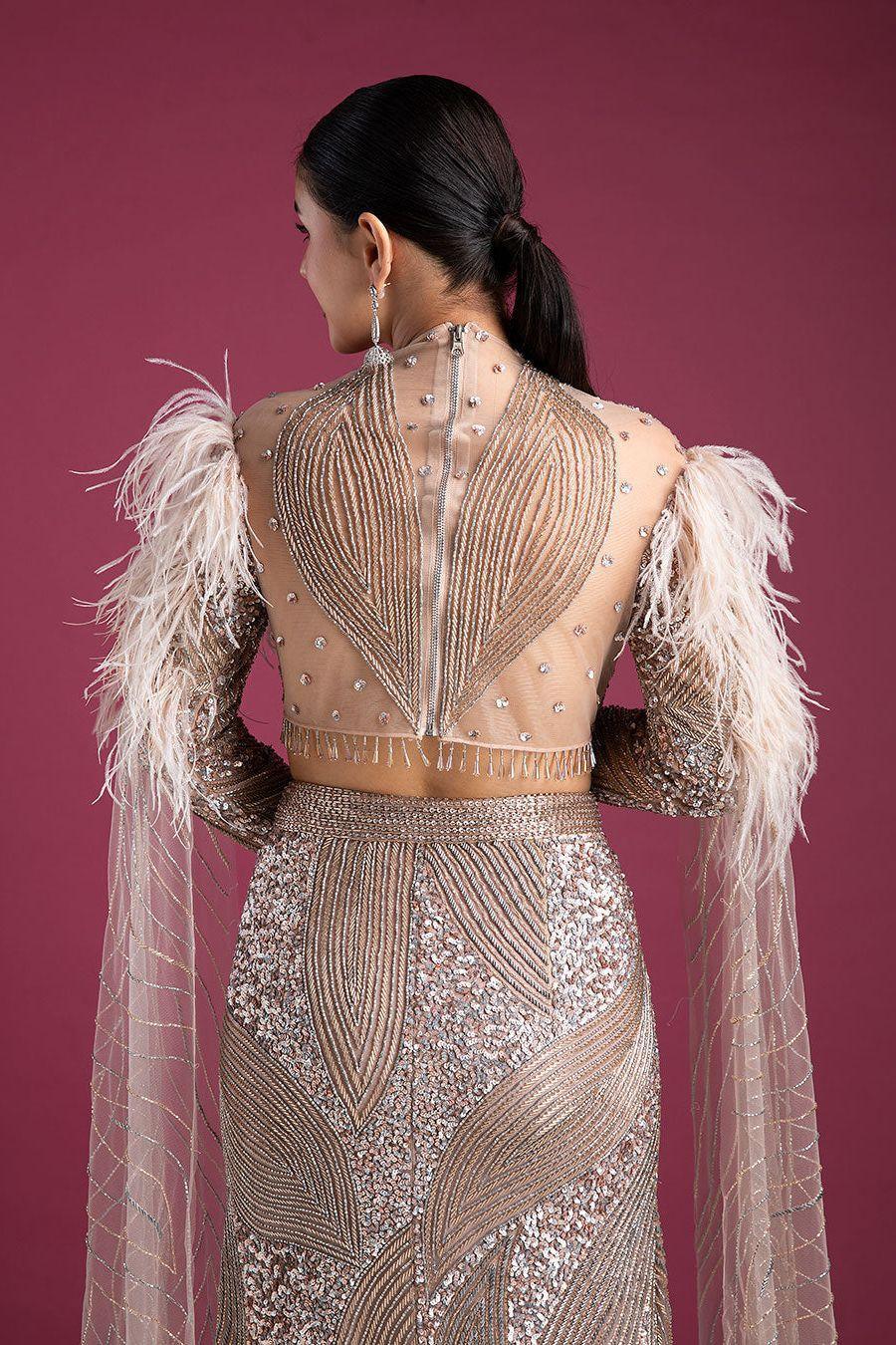 Glamorous Embellished skirt and blouse with Feathered Sleeves - Mokshaa