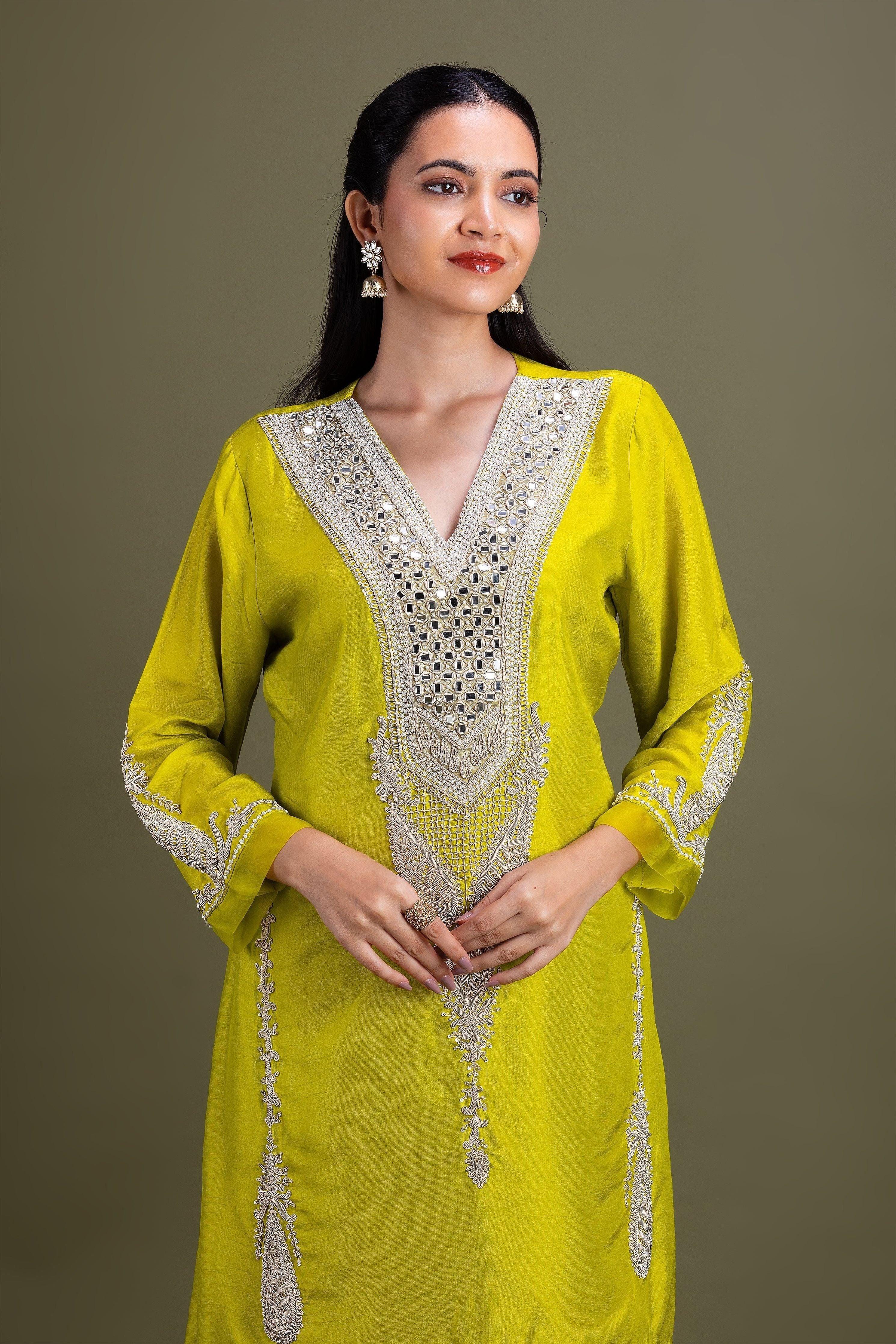 Lime Green Embroidered Kurta Set - Mokshaa