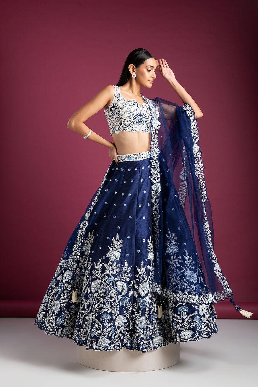 Navy Blue Raw Silk Lehenga Set - Mokshaa