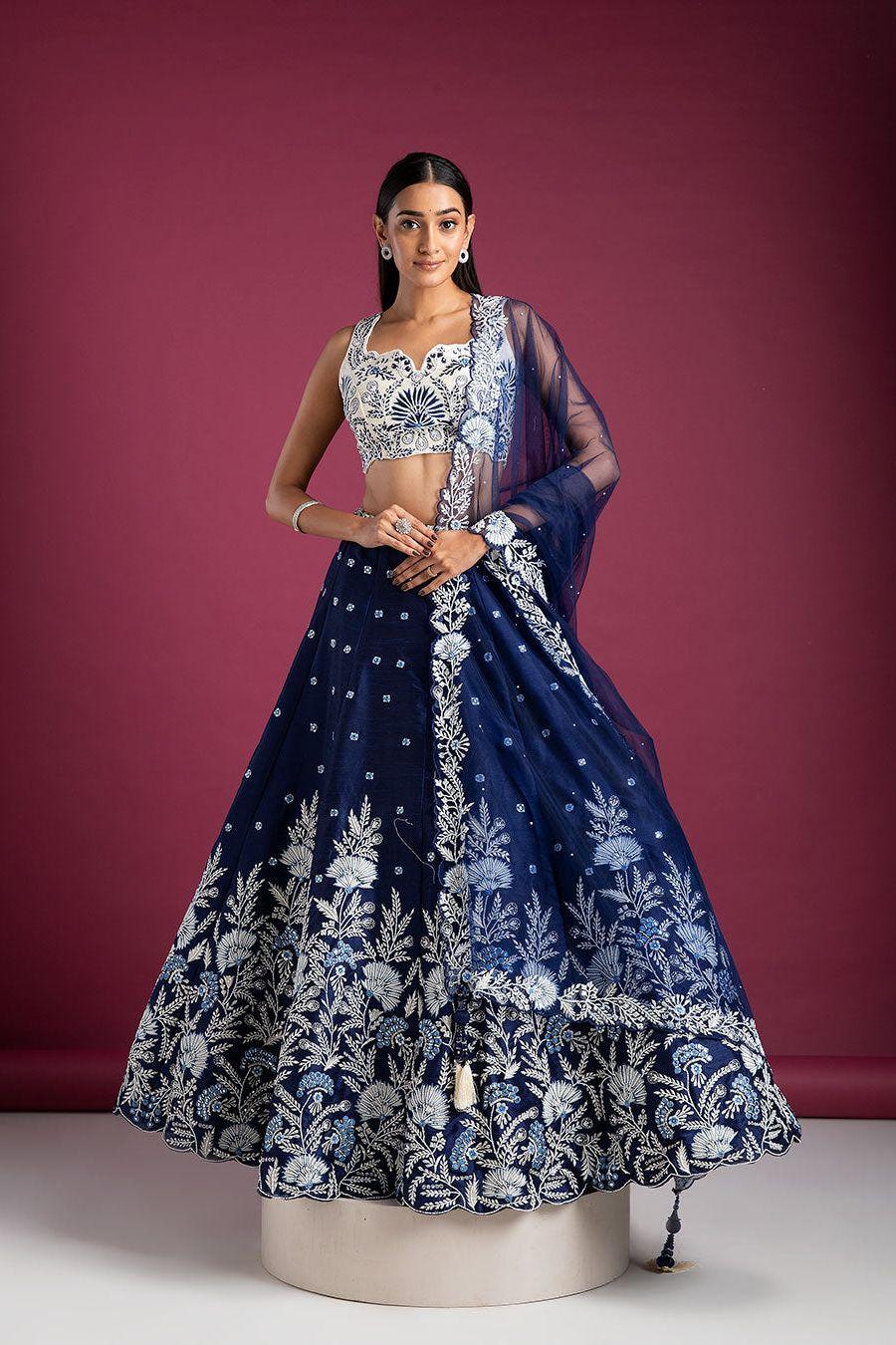 Navy Blue Raw Silk Lehenga Set - Mokshaa