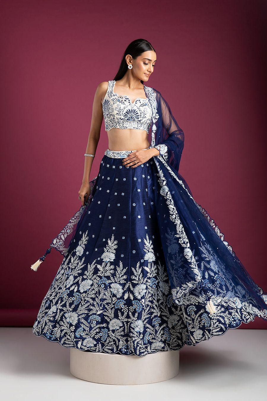 Navy Blue Raw Silk Lehenga Set - Mokshaa