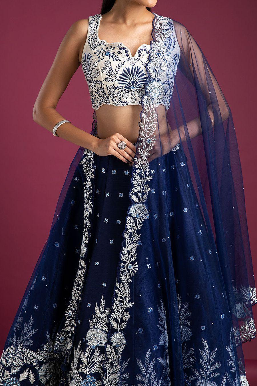 Navy Blue Raw Silk Lehenga Set - Mokshaa