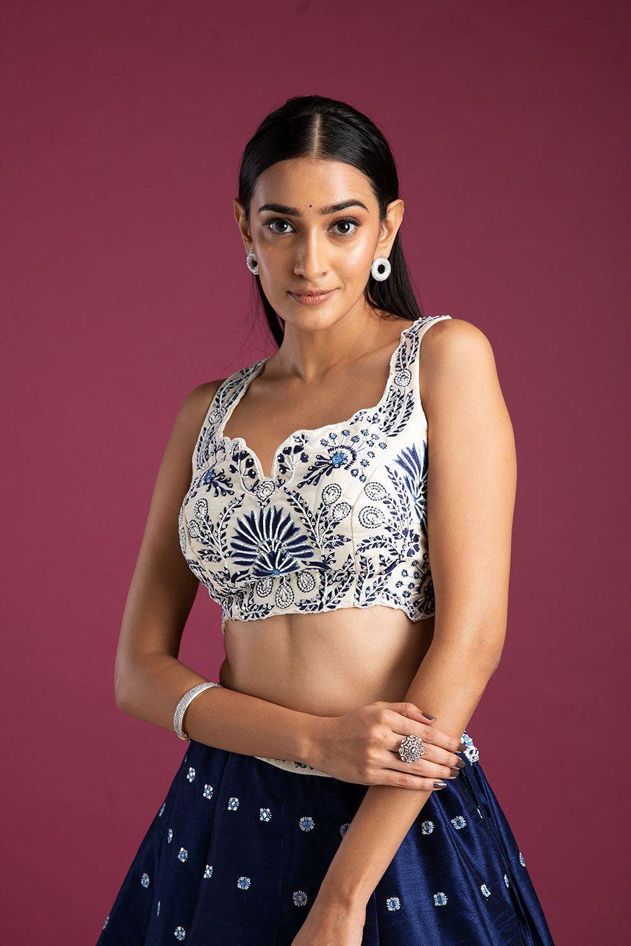 Navy Blue Raw Silk Lehenga Set - Mokshaa