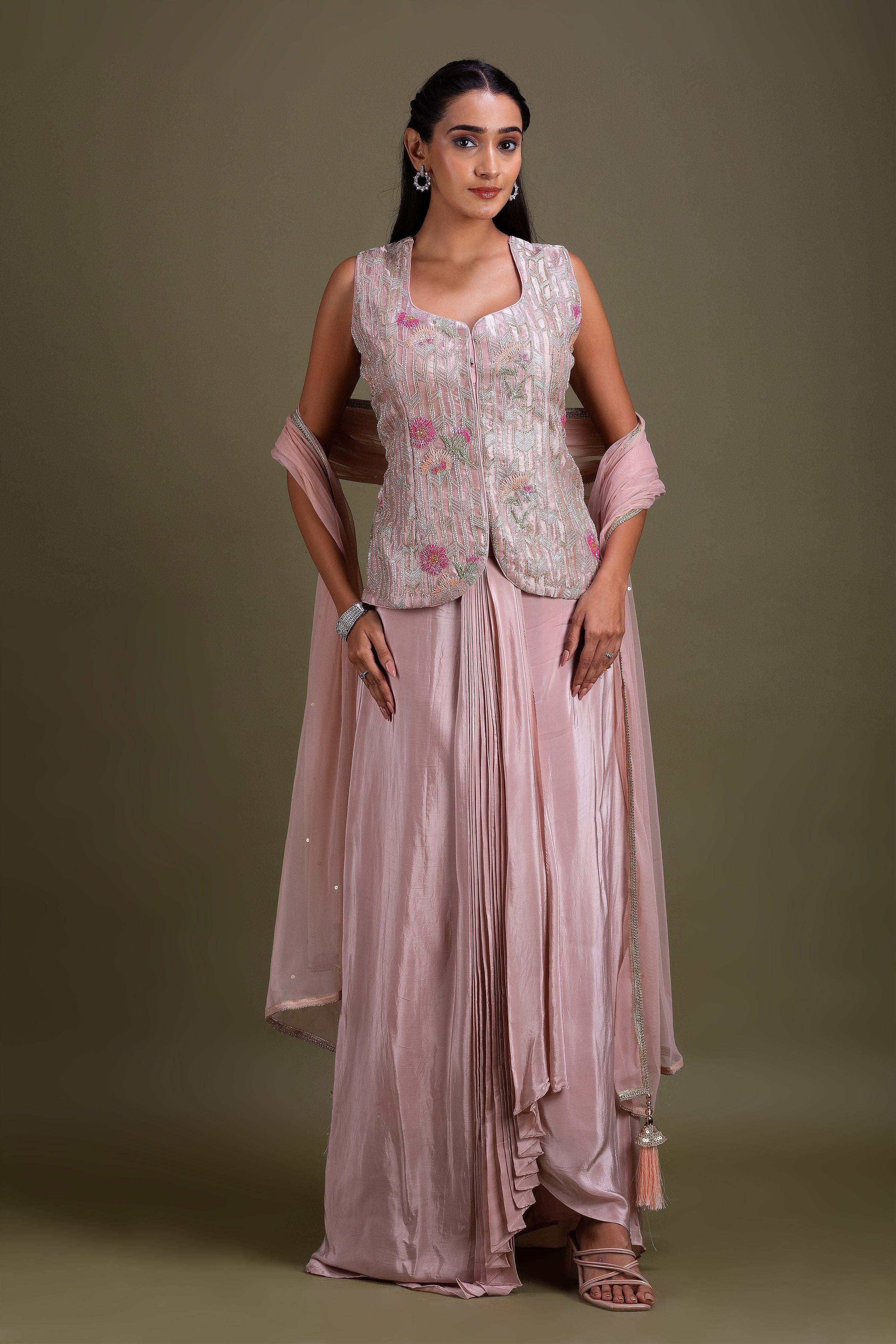 Blush Pink Embroidered Jacket Set with Dupatta Mokshaa
