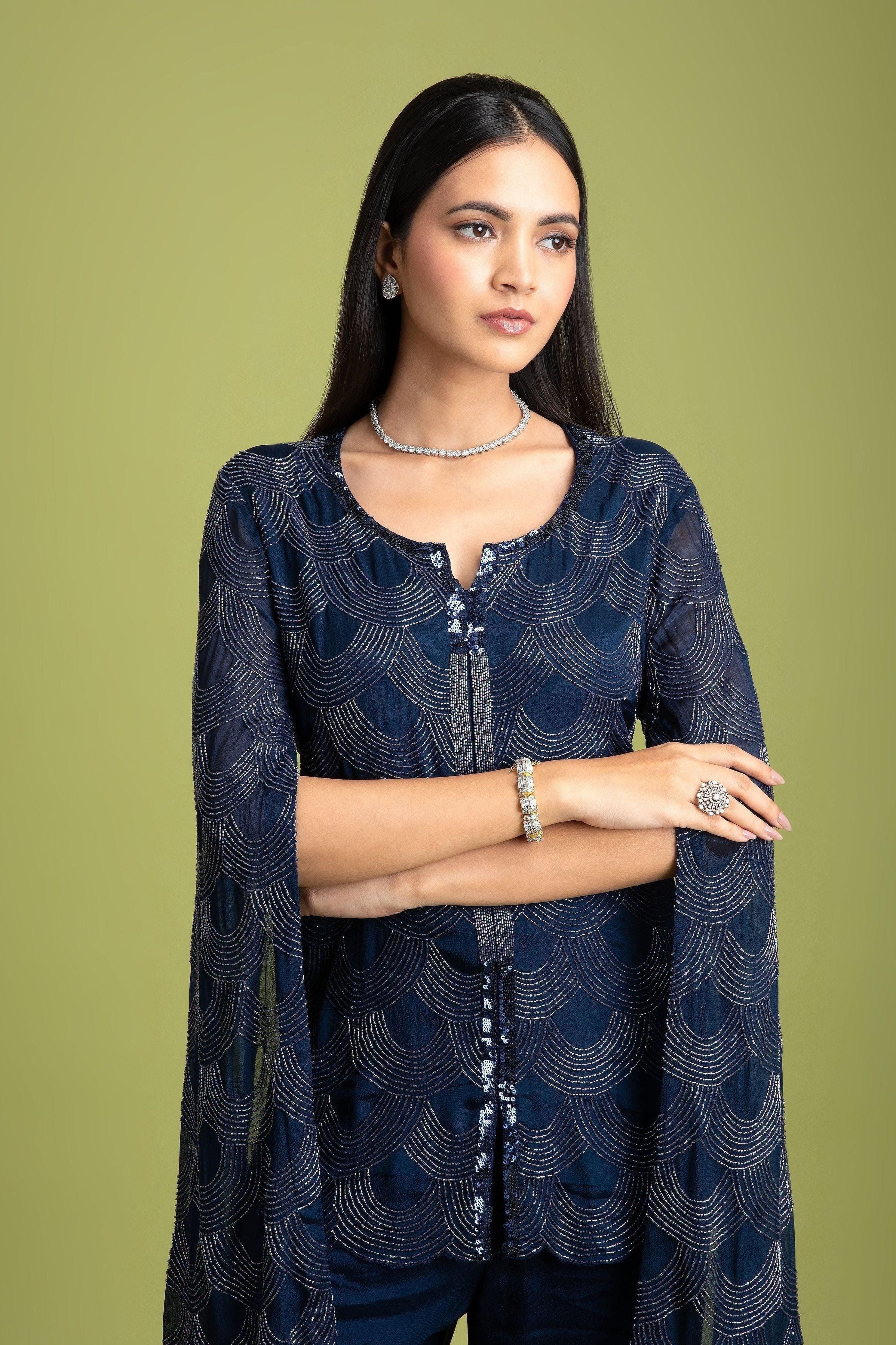 Navy Blue Georgette Indo-Western - Mokshaa