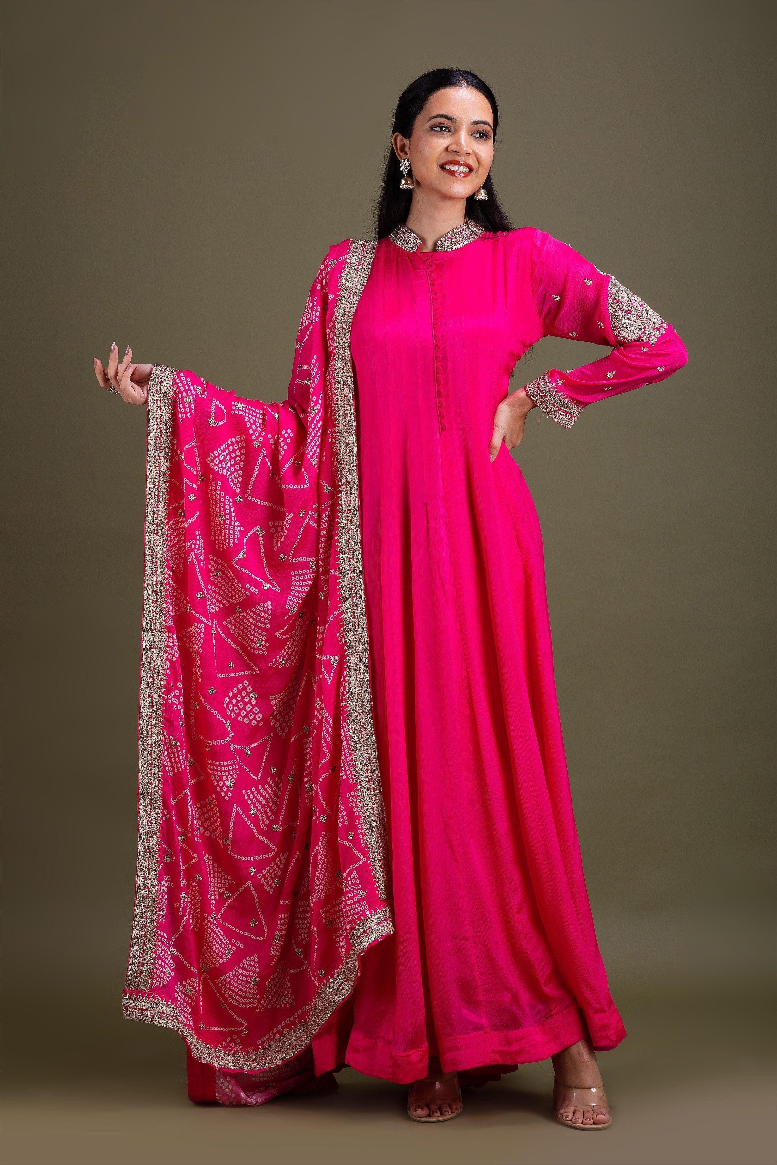 Fuchsia Pink Anarkali Set with Embroidered Dupatta Mokshaa