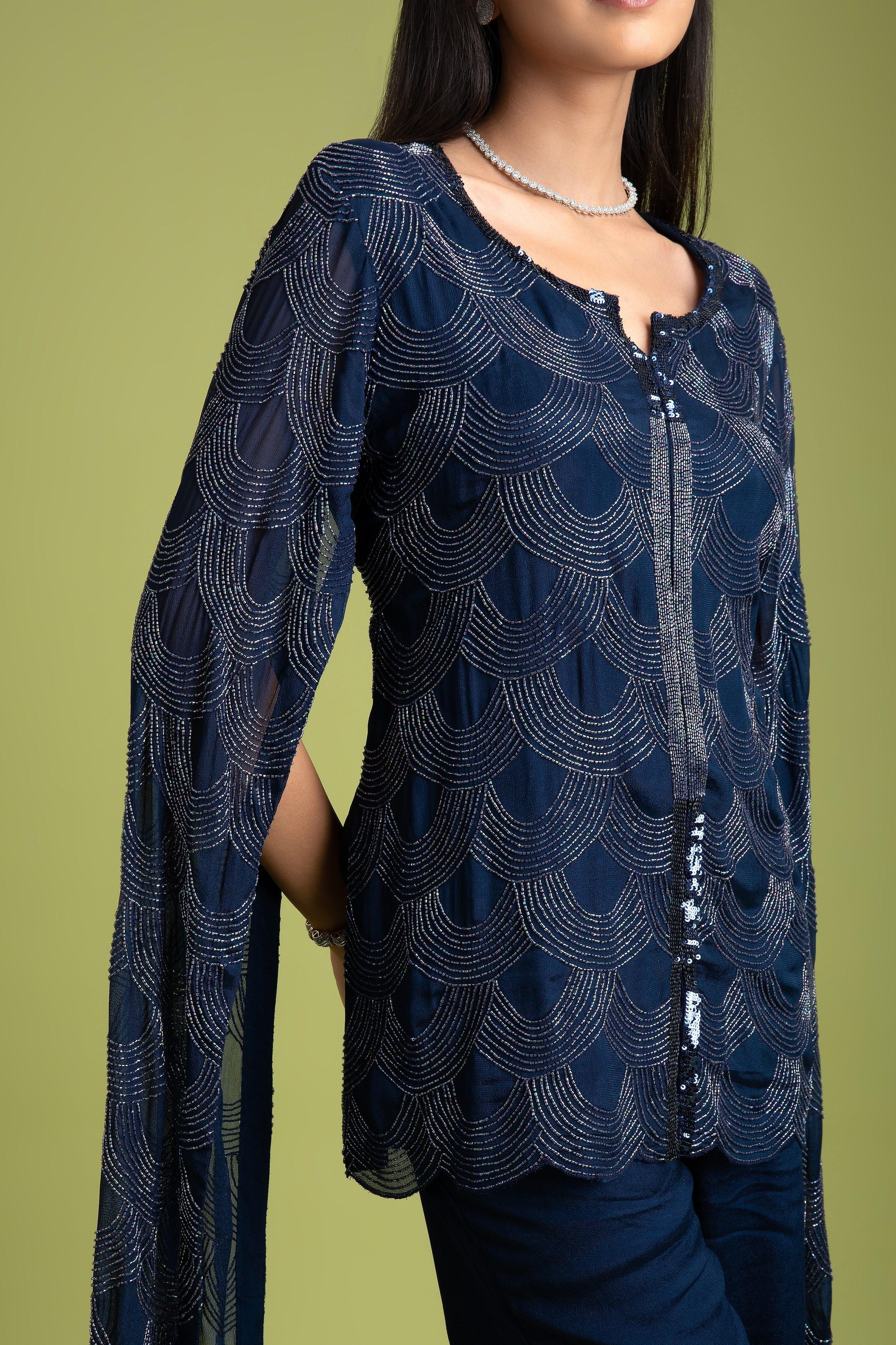 Navy Blue Georgette Indo-Western - Mokshaa