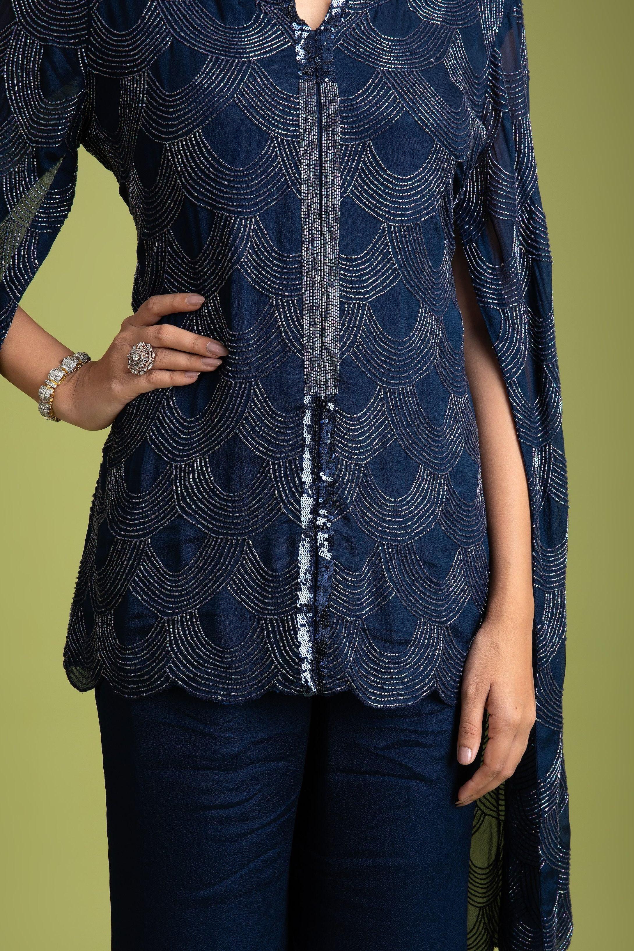 Navy Blue Georgette Indo-Western - Mokshaa