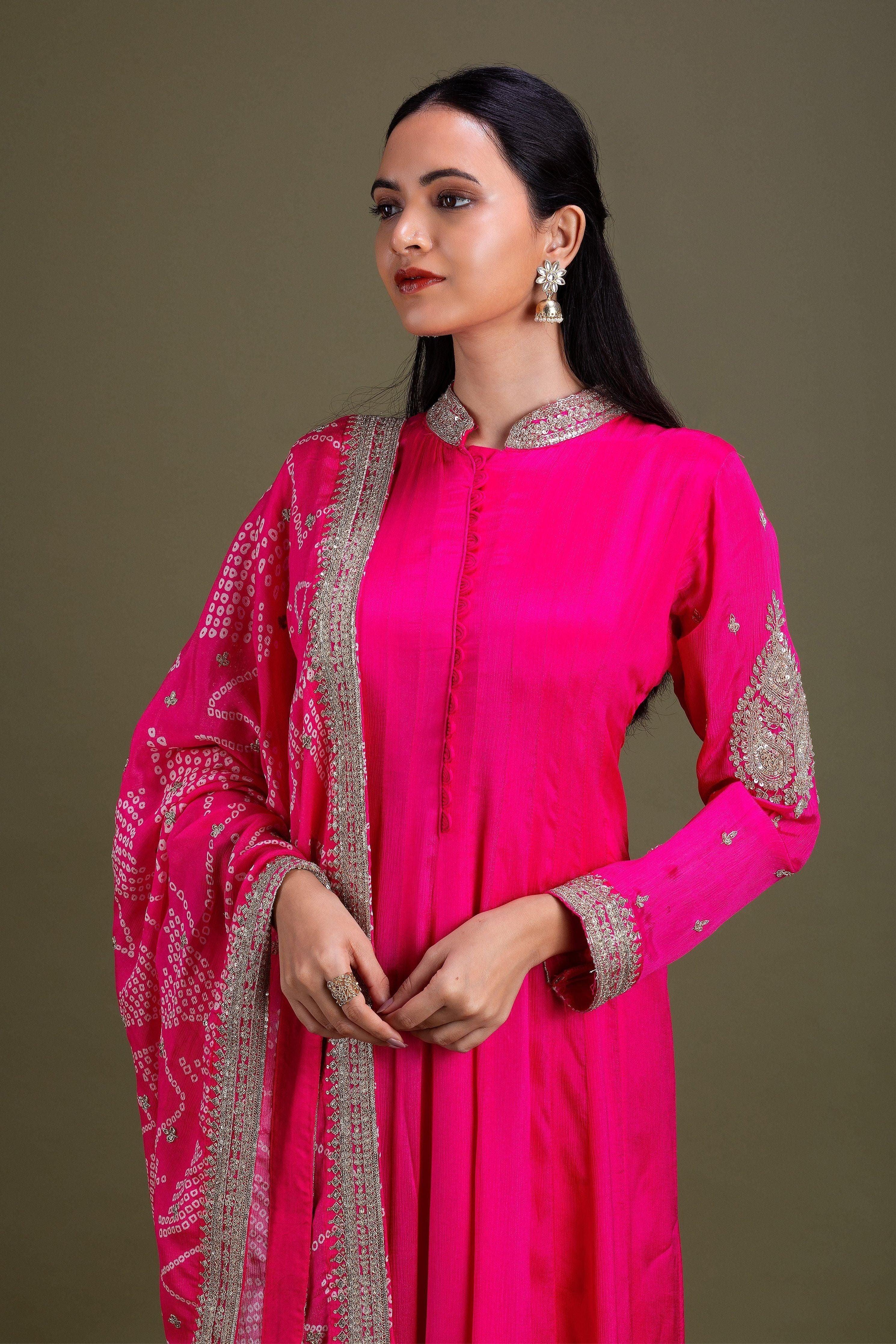 Fuchsia Pink Anarkali Set with Embroidered Dupatta Mokshaa