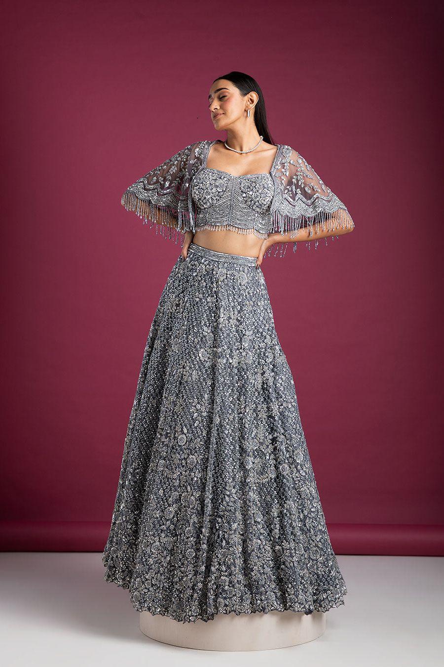 XS Smoky Grey Lehenga Set With Cape Blouse - Main Image