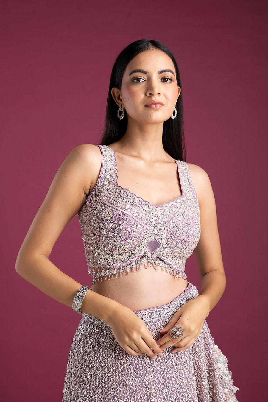 Pastel Lilac Intricately Embroidered Bridal Lehenga - Mokshaa