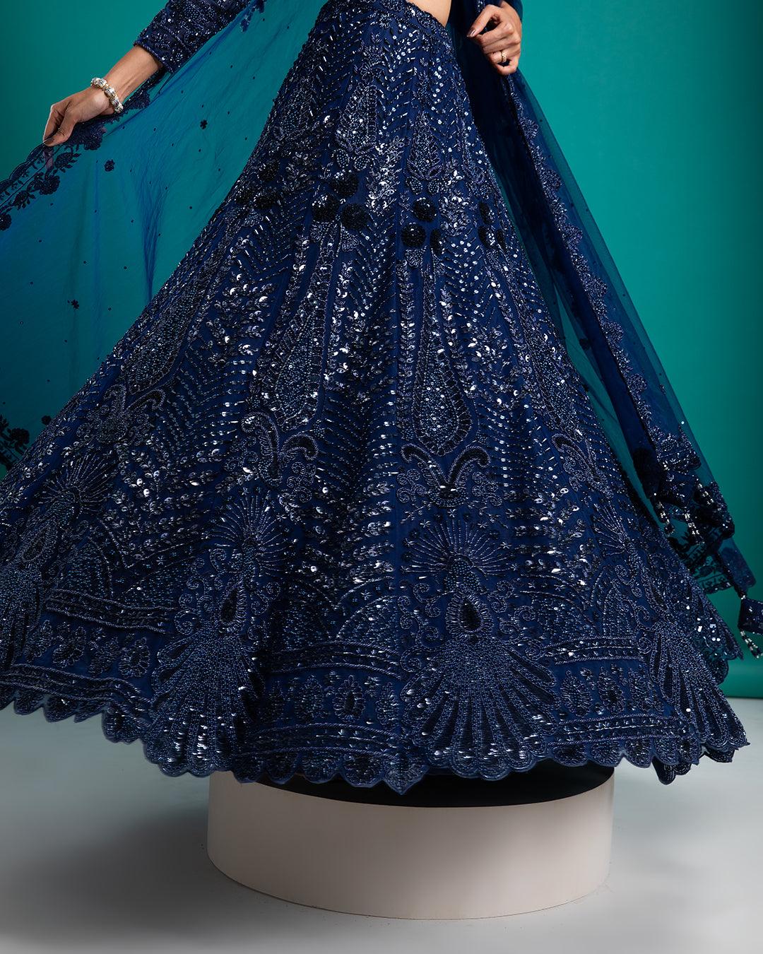 Navy Blue Sequined Bridal Lehenga - Mokshaa
