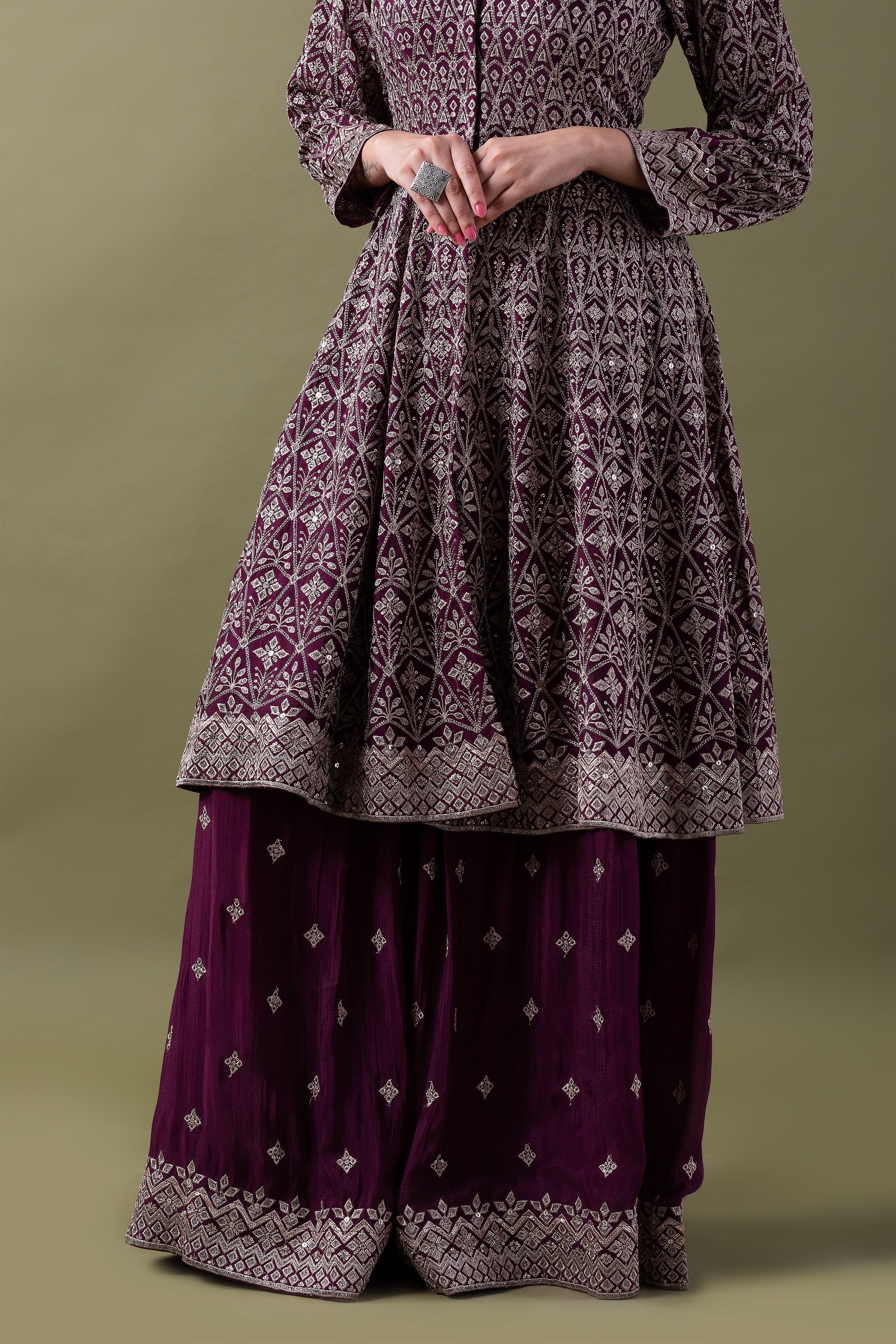 Deep Plum Embroidered Sharara Set - Mokshaa
