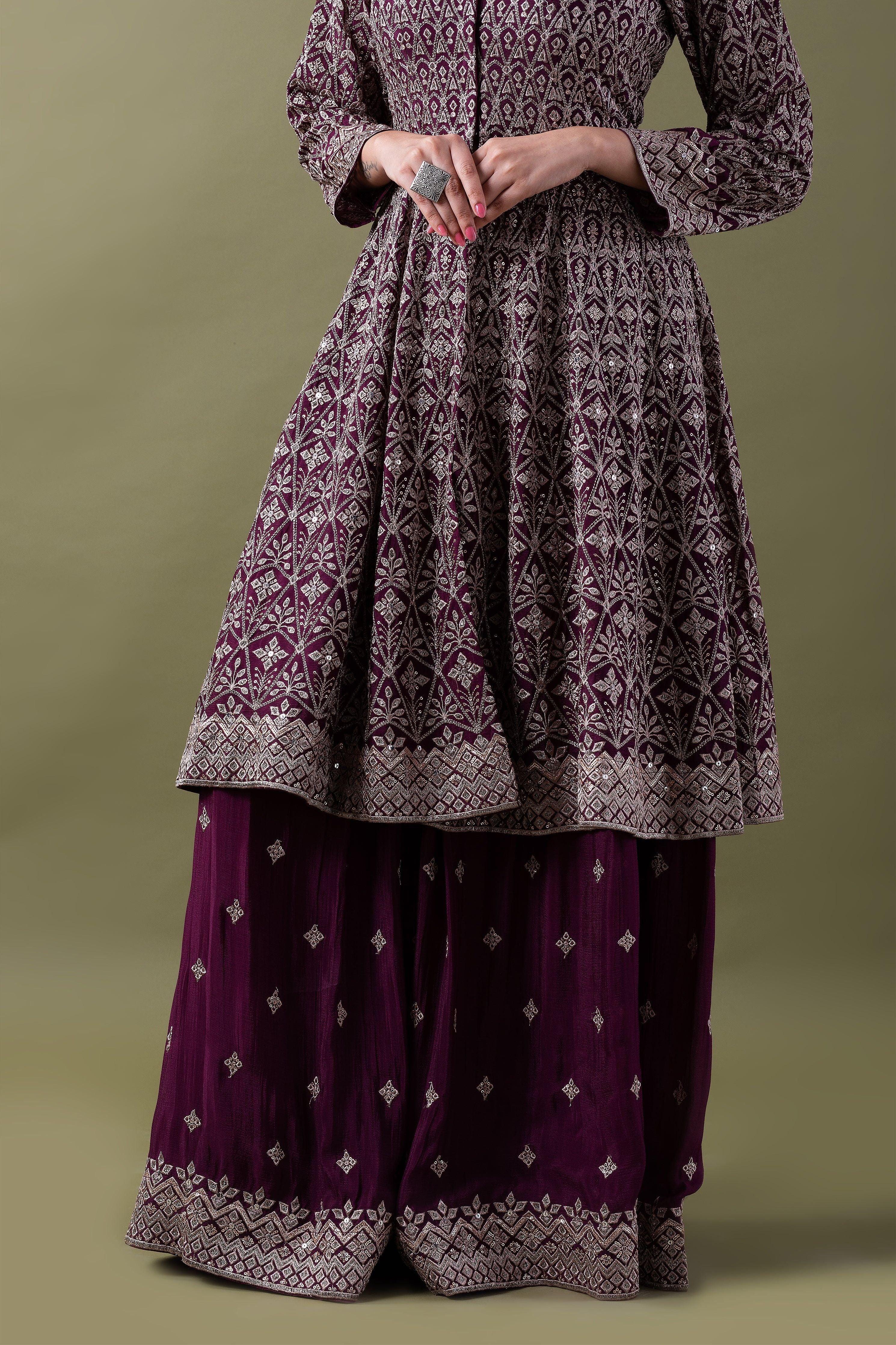 Deep Plum Embroidered Sharara Set - Mokshaa