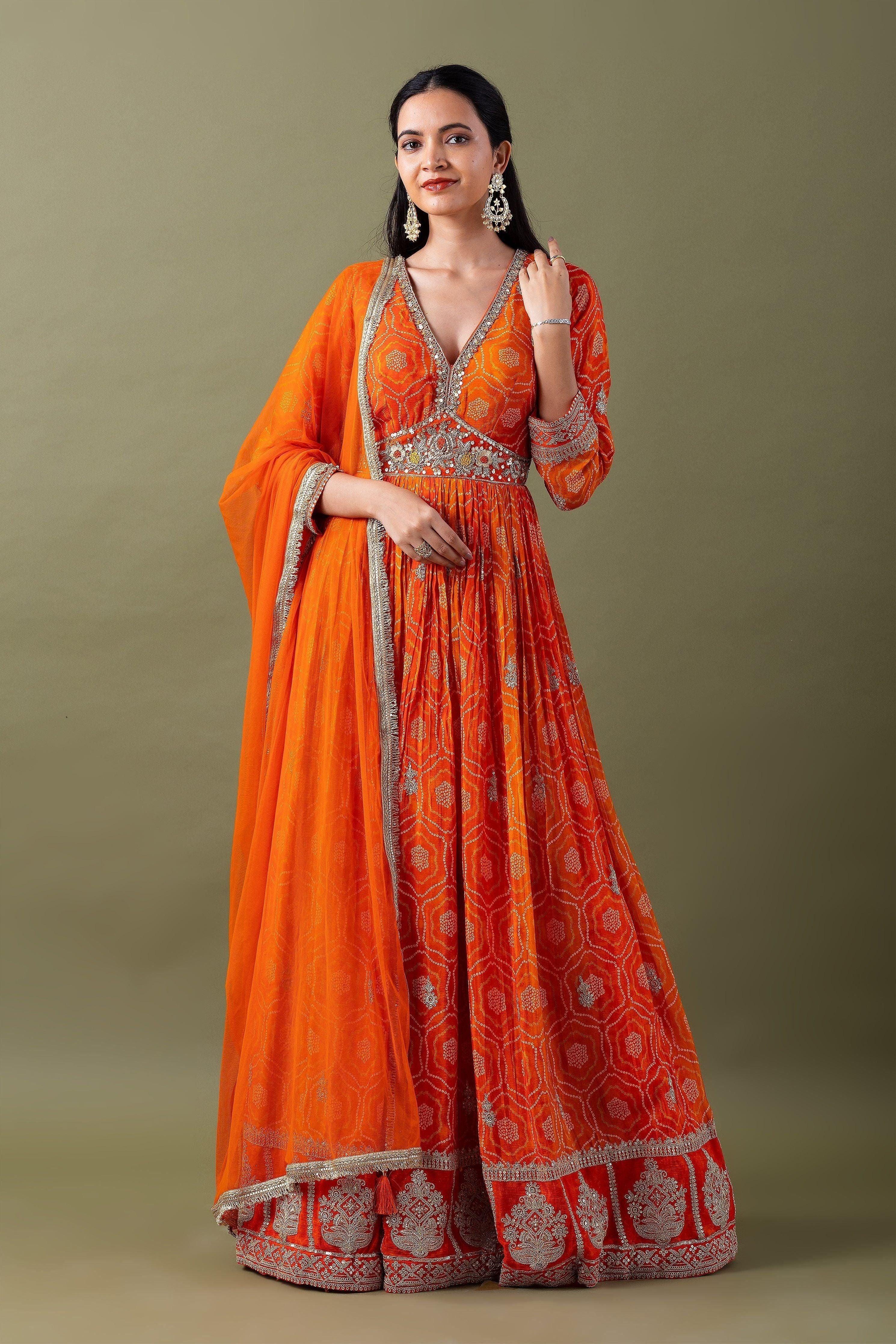 Vibrant Orange Bandhani Anarkali Set Mokshaa