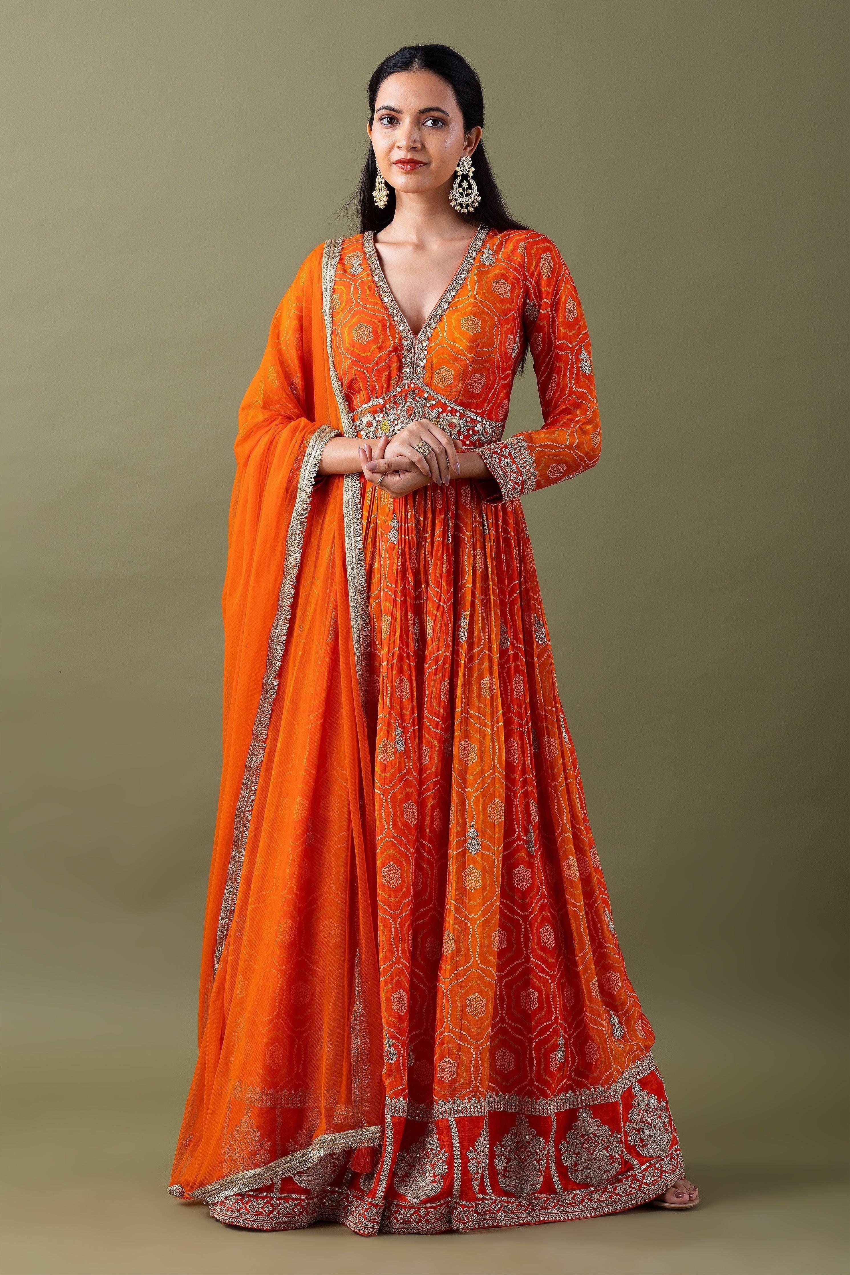 Vibrant Orange Bandhani Anarkali Set Mokshaa