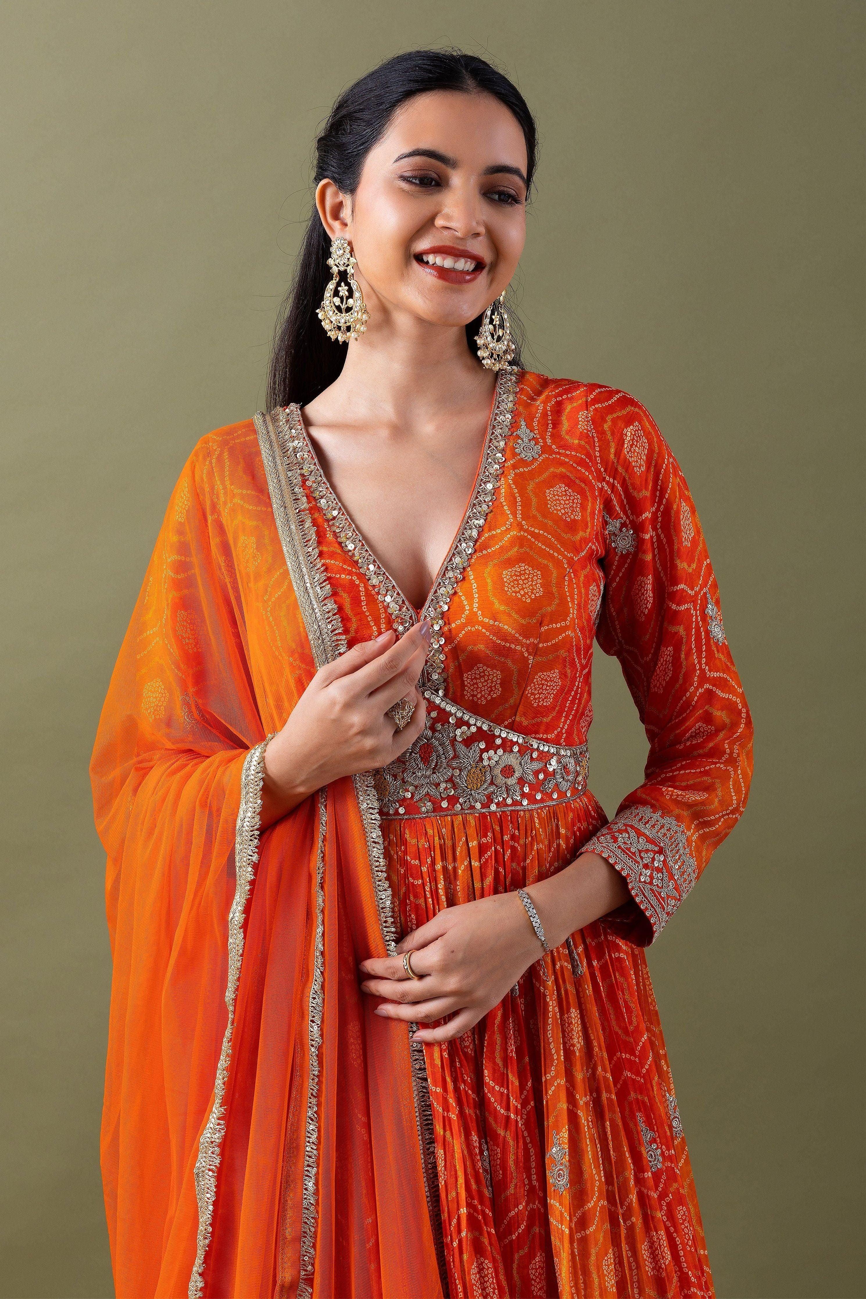 Vibrant Orange Bandhani Anarkali Set Mokshaa