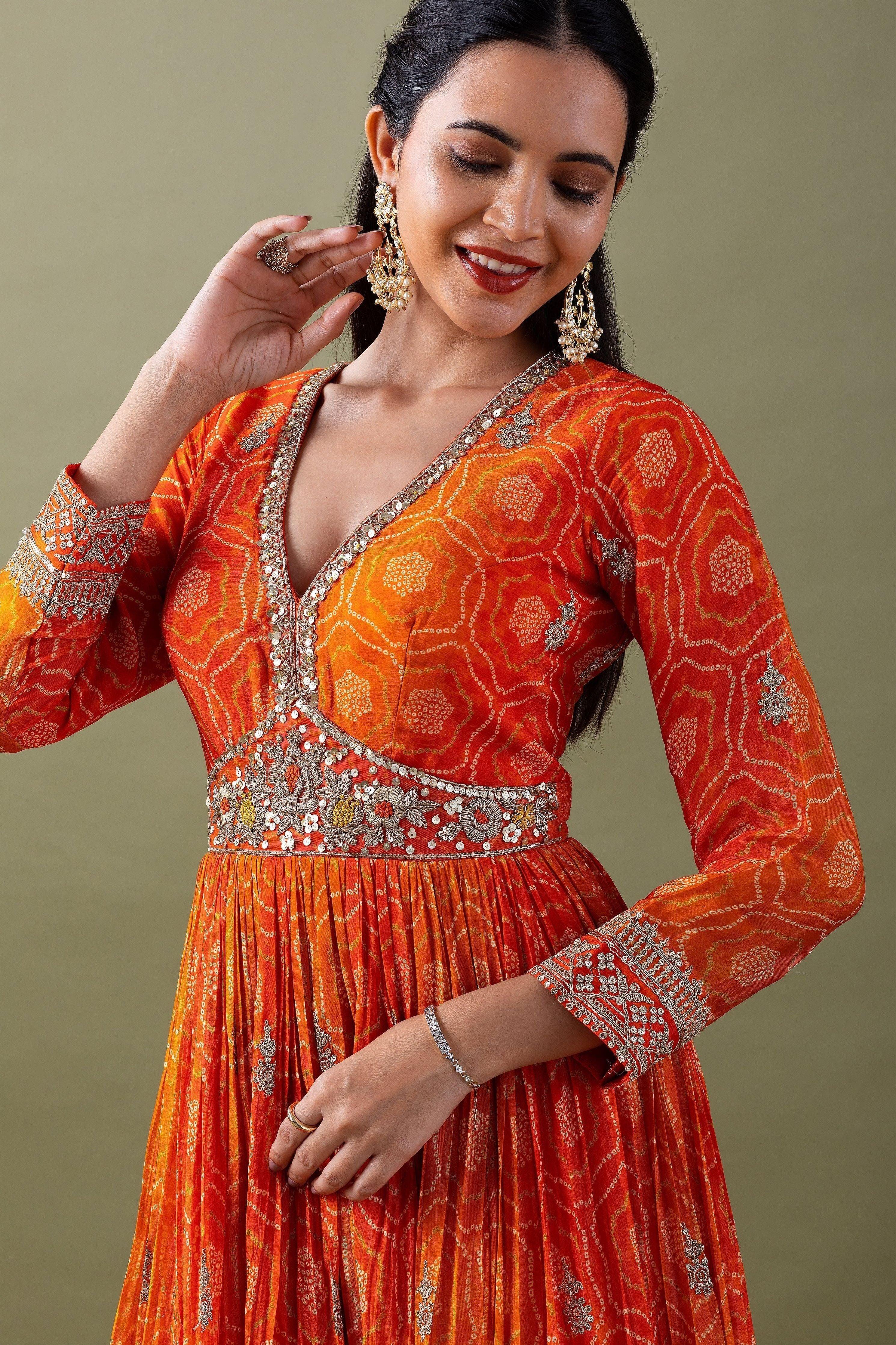 Vibrant Orange Bandhani Anarkali Set Mokshaa