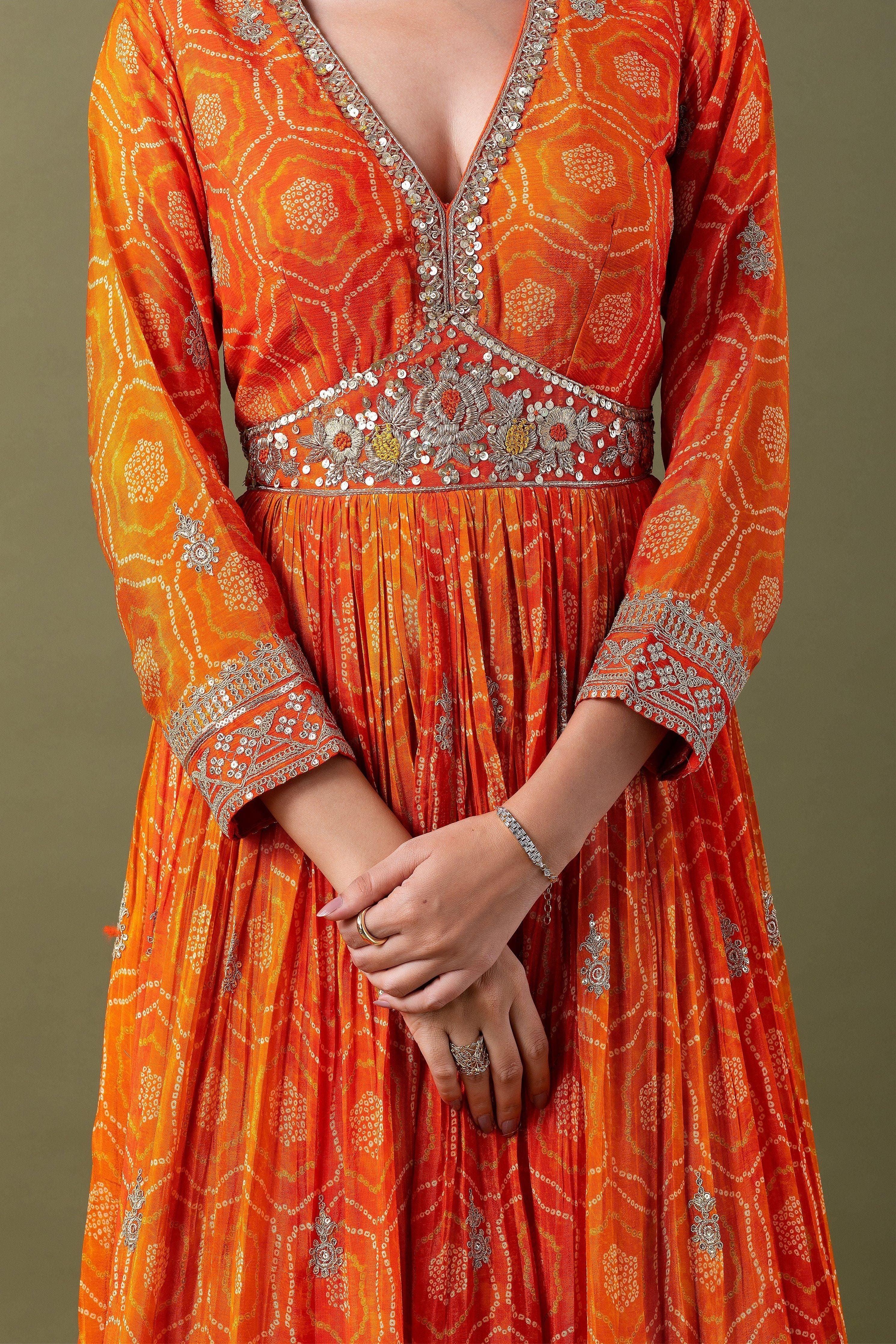 Vibrant Orange Bandhani Anarkali Set Mokshaa