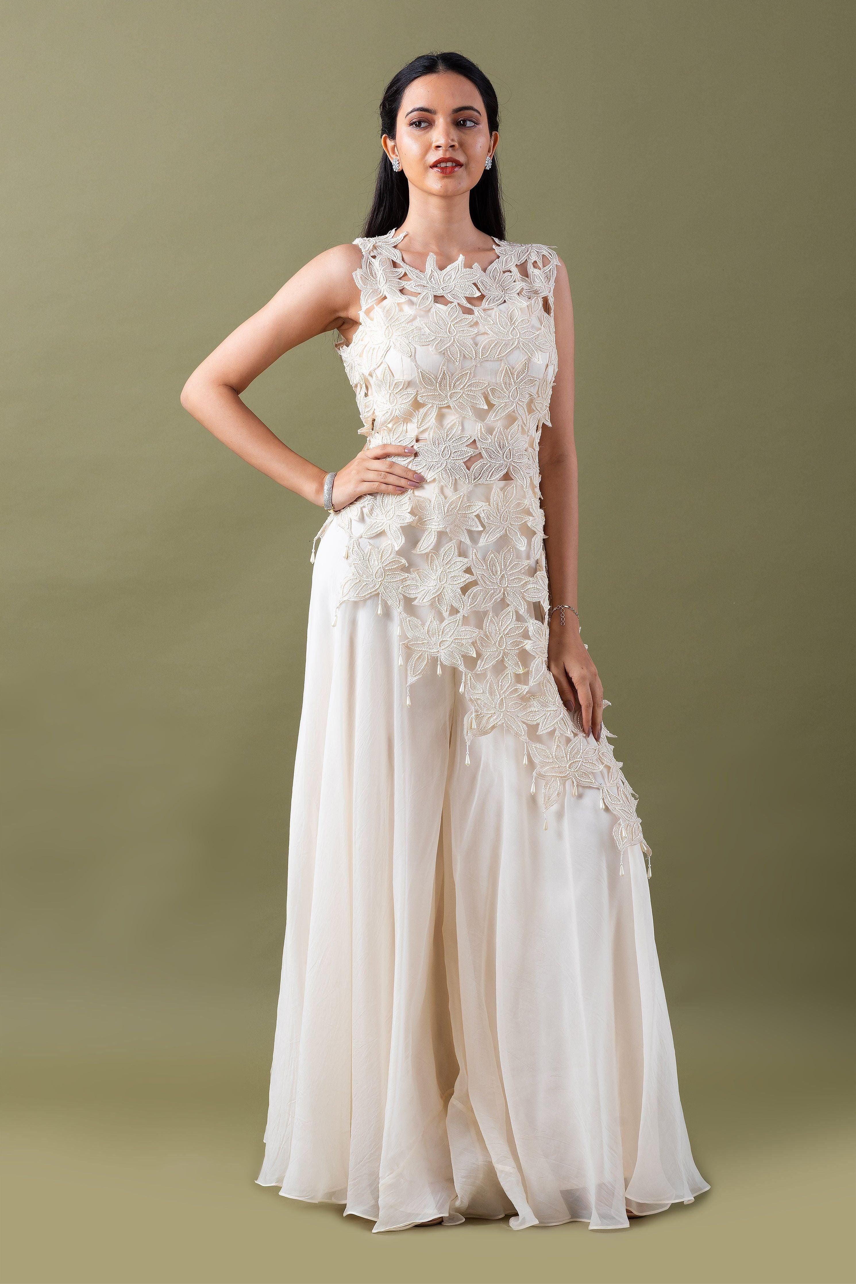 Ivory Floral Applique Co-ord Set Mokshaa