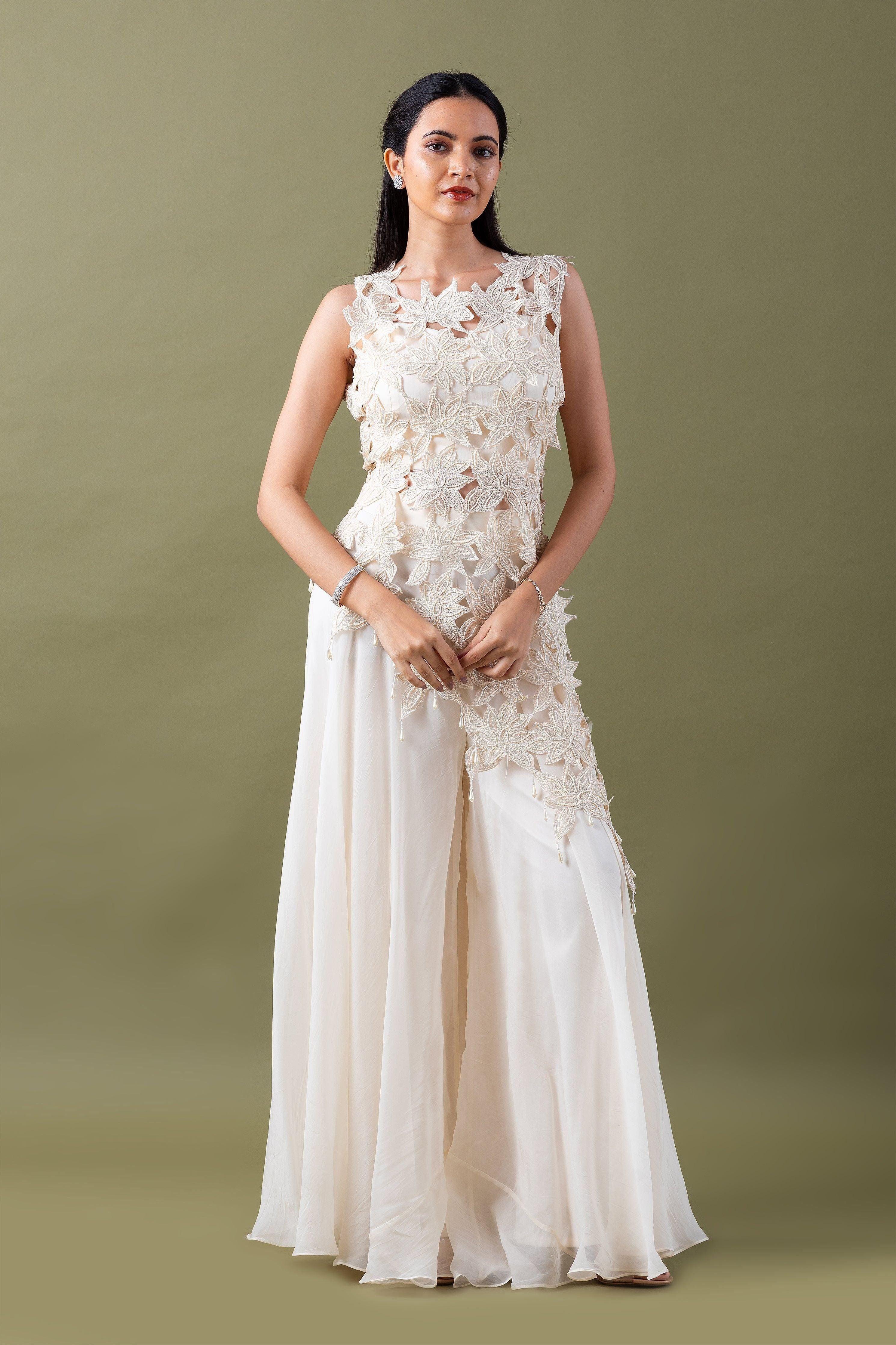 Ivory Floral Applique Co-ord Set Mokshaa