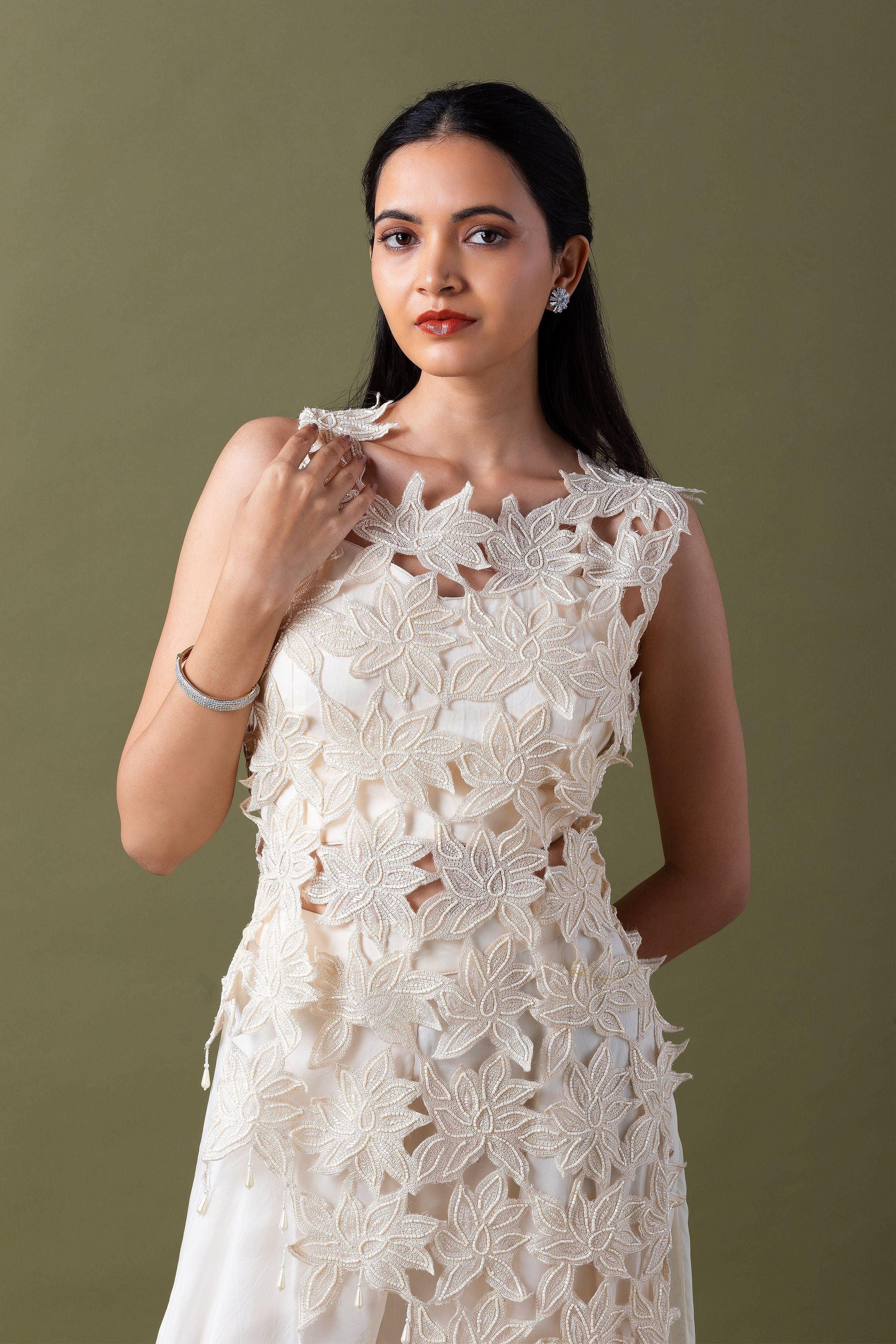 Ivory Floral Applique Co-ord Set Mokshaa