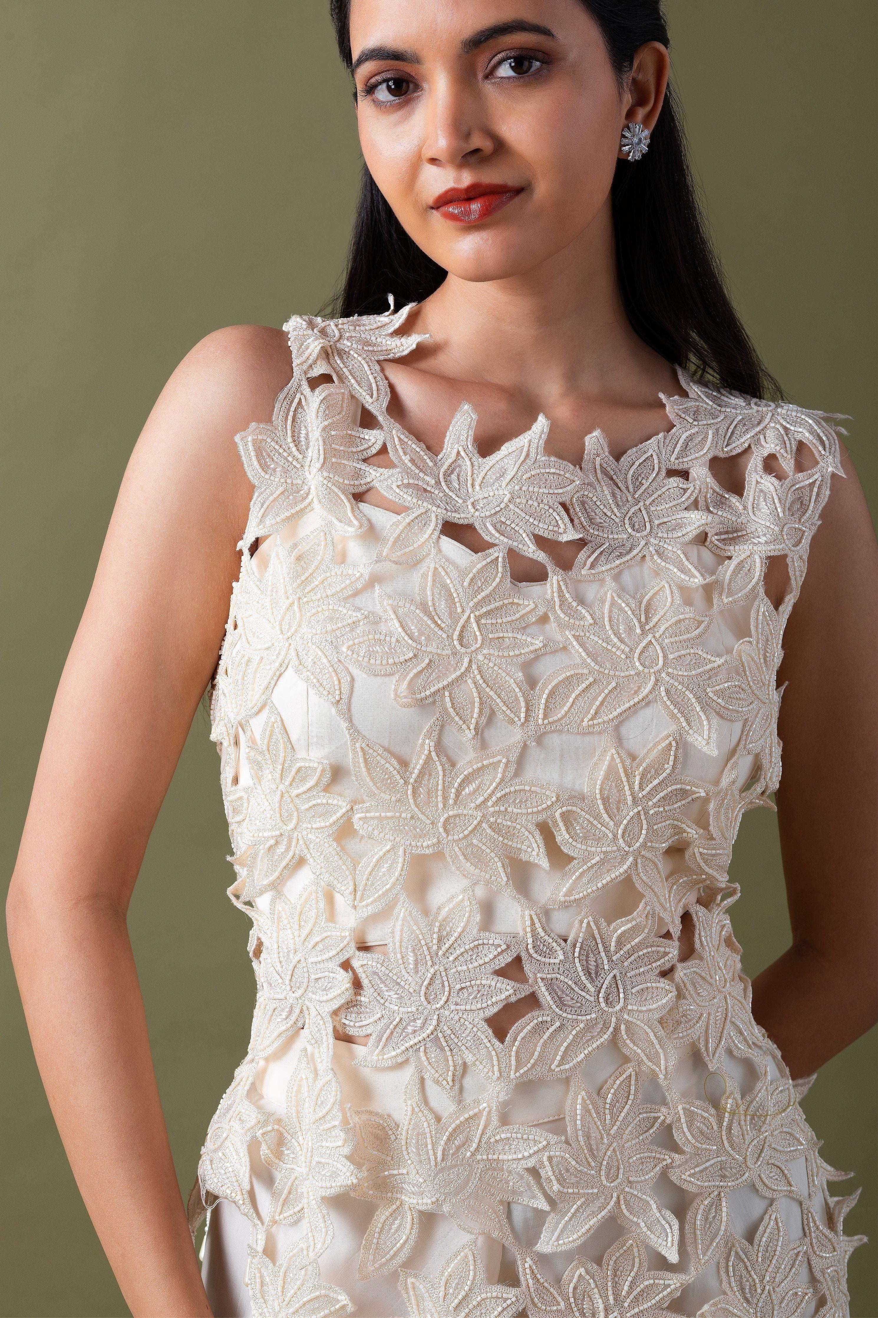 Ivory Floral Applique Co-Ord Set - Mokshaa