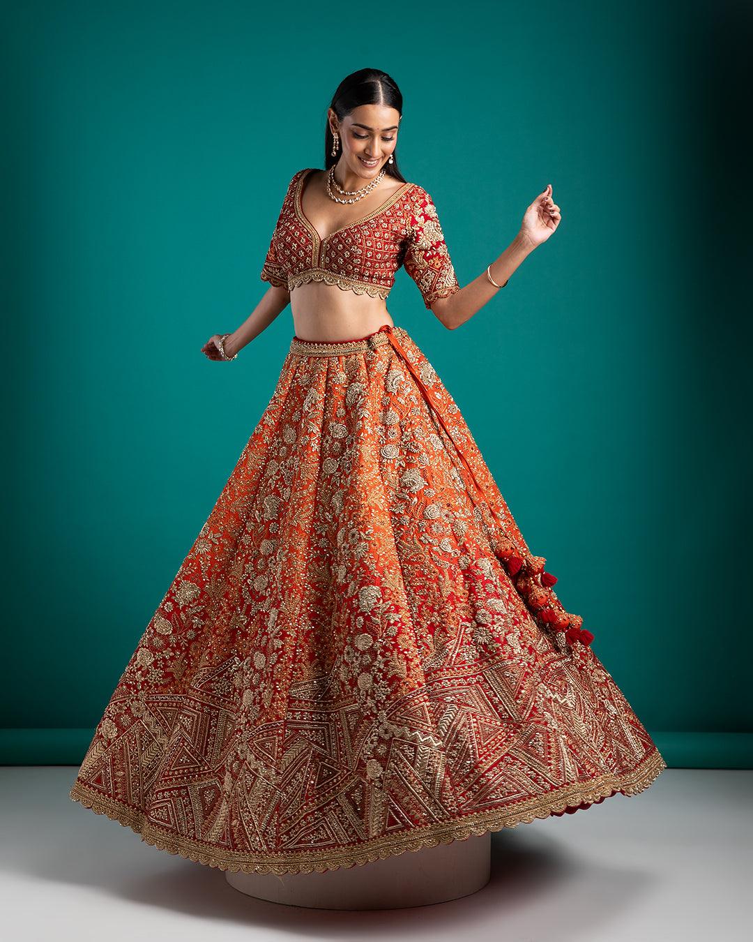 Crimson and Orange Embroidered Bridal Lehenga - Mokshaa