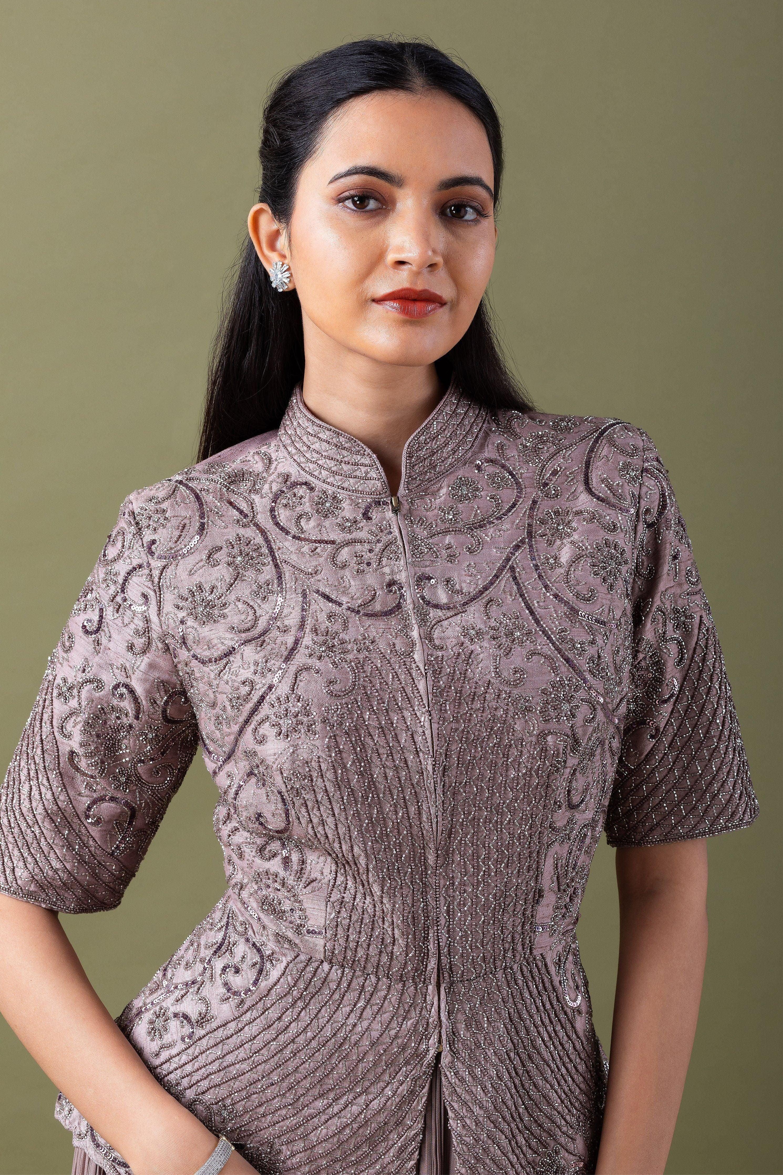 Taupe Embroidered Jacket and Pleated Skirt Set  Mokshaa