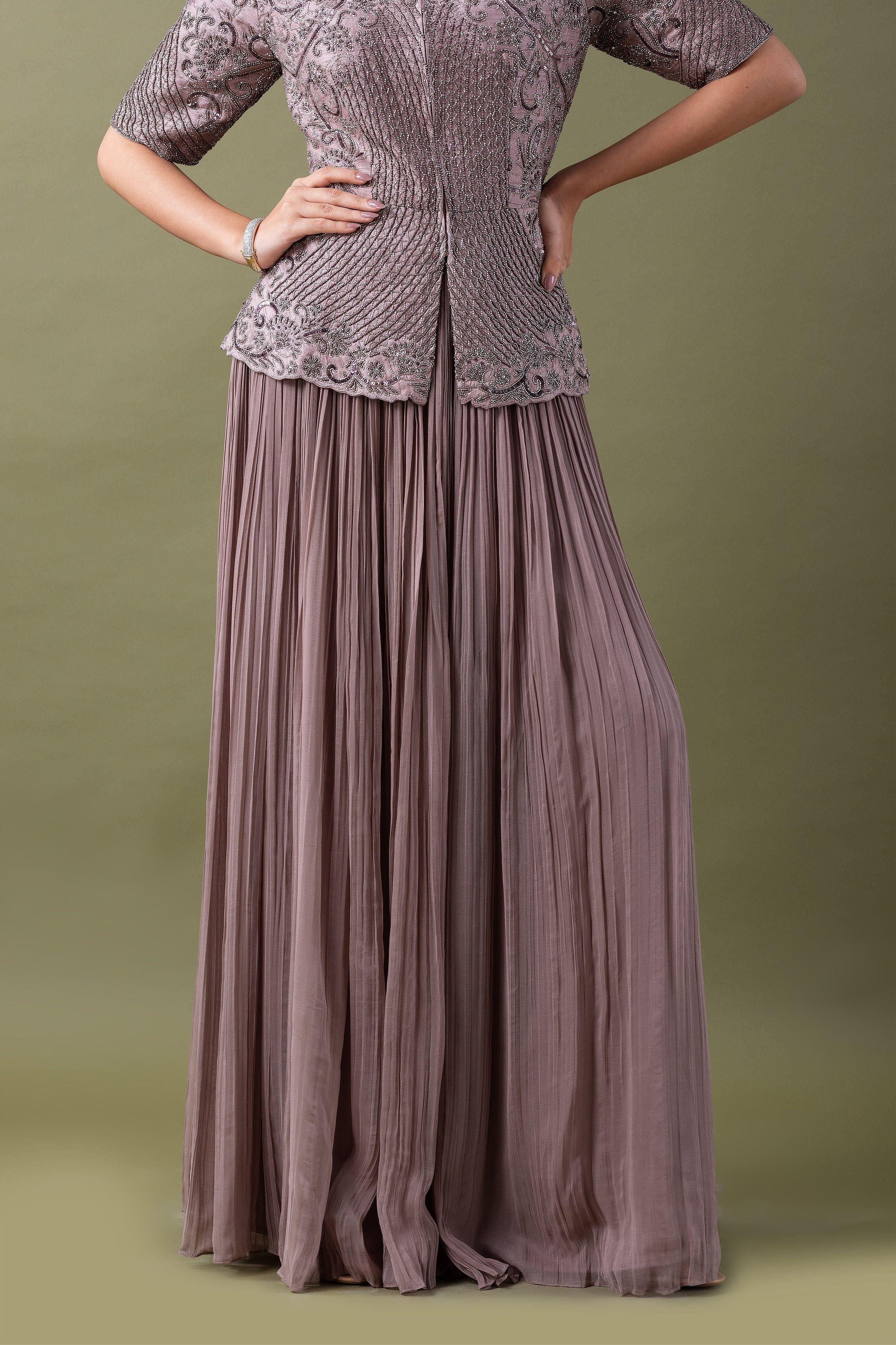 Taupe Embroidered Jacket and Pleated Skirt Set  Mokshaa