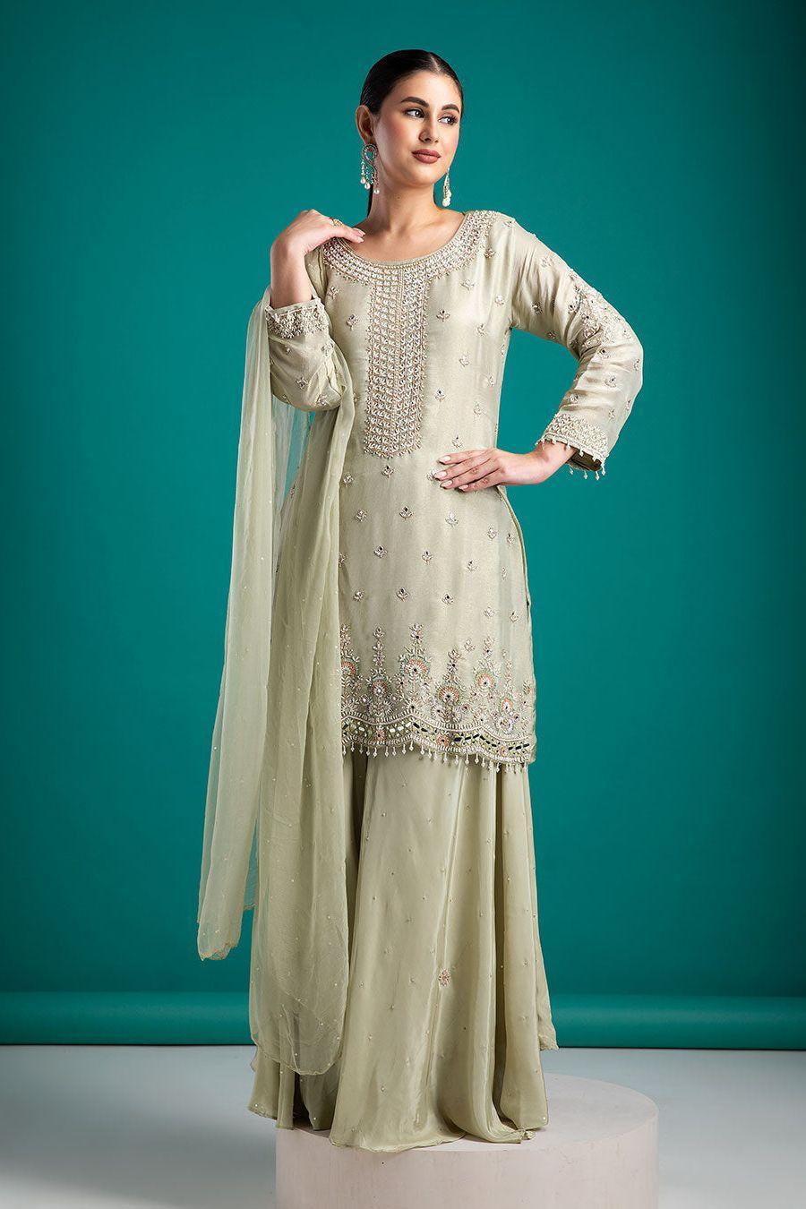Sage Green Embroidered Kurta With Sharara Set | Mokshaa