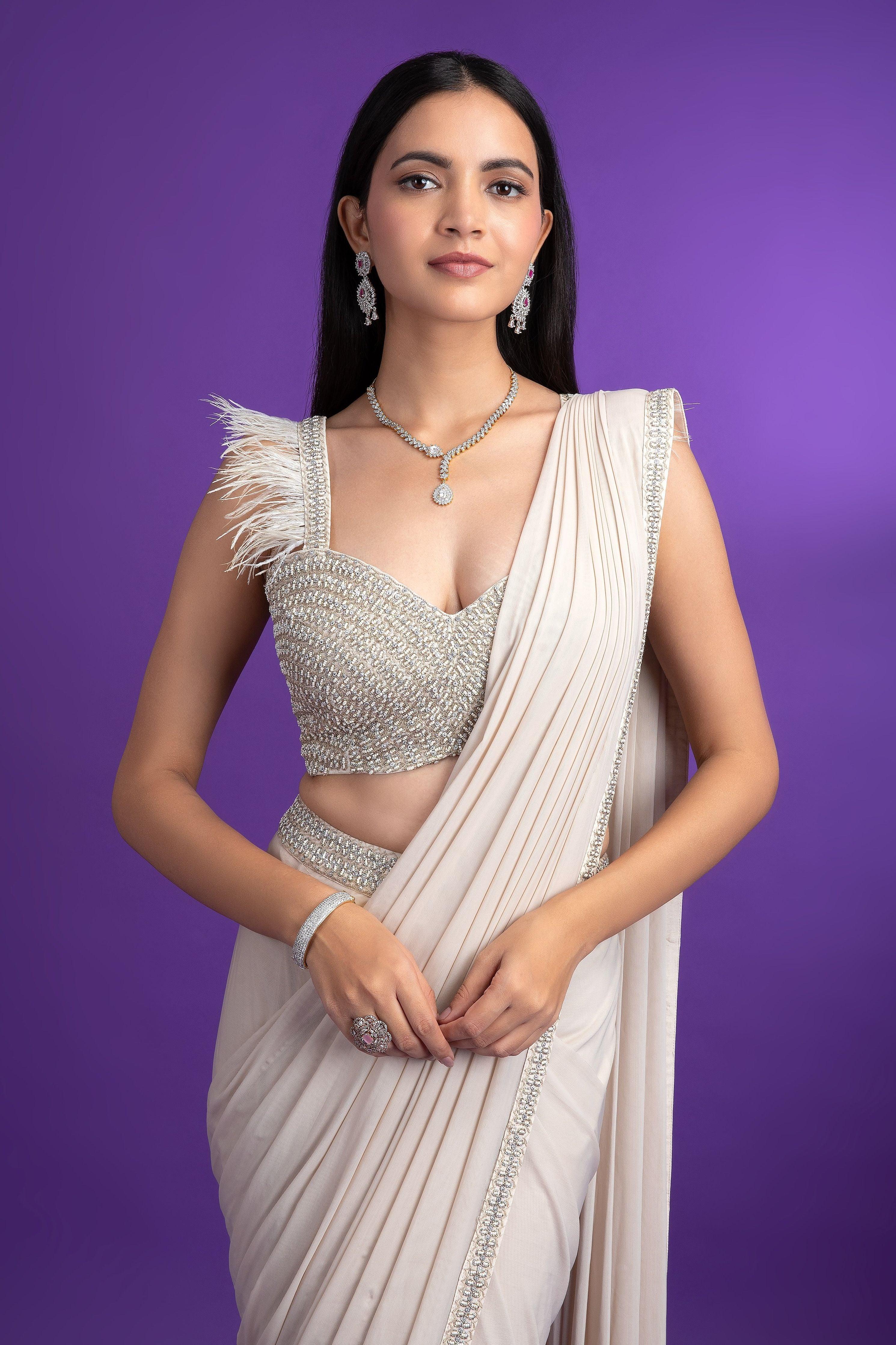 Ivory Net Drape Saree - Mokshaa