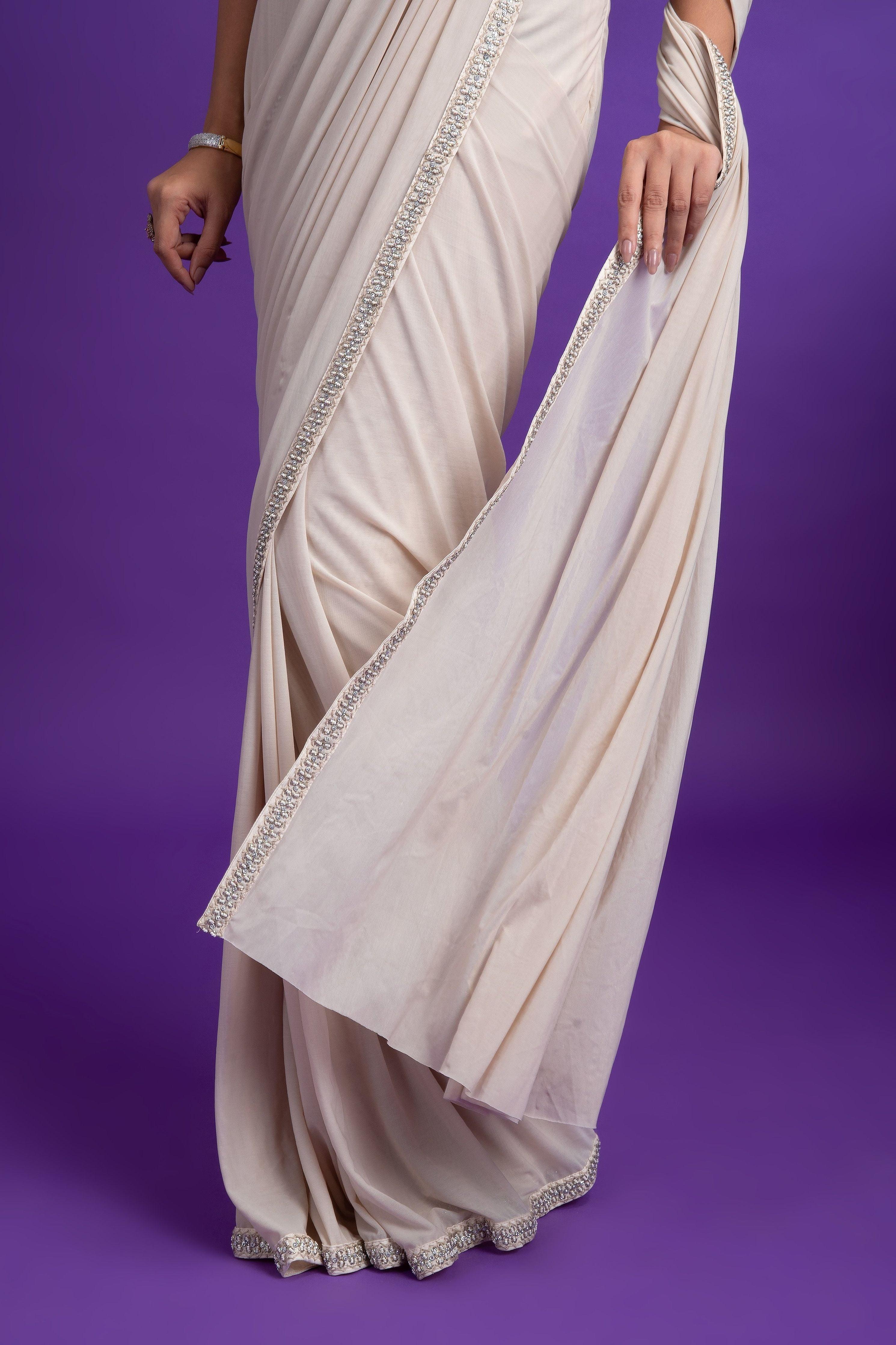 Ivory Net Drape Saree - Mokshaa