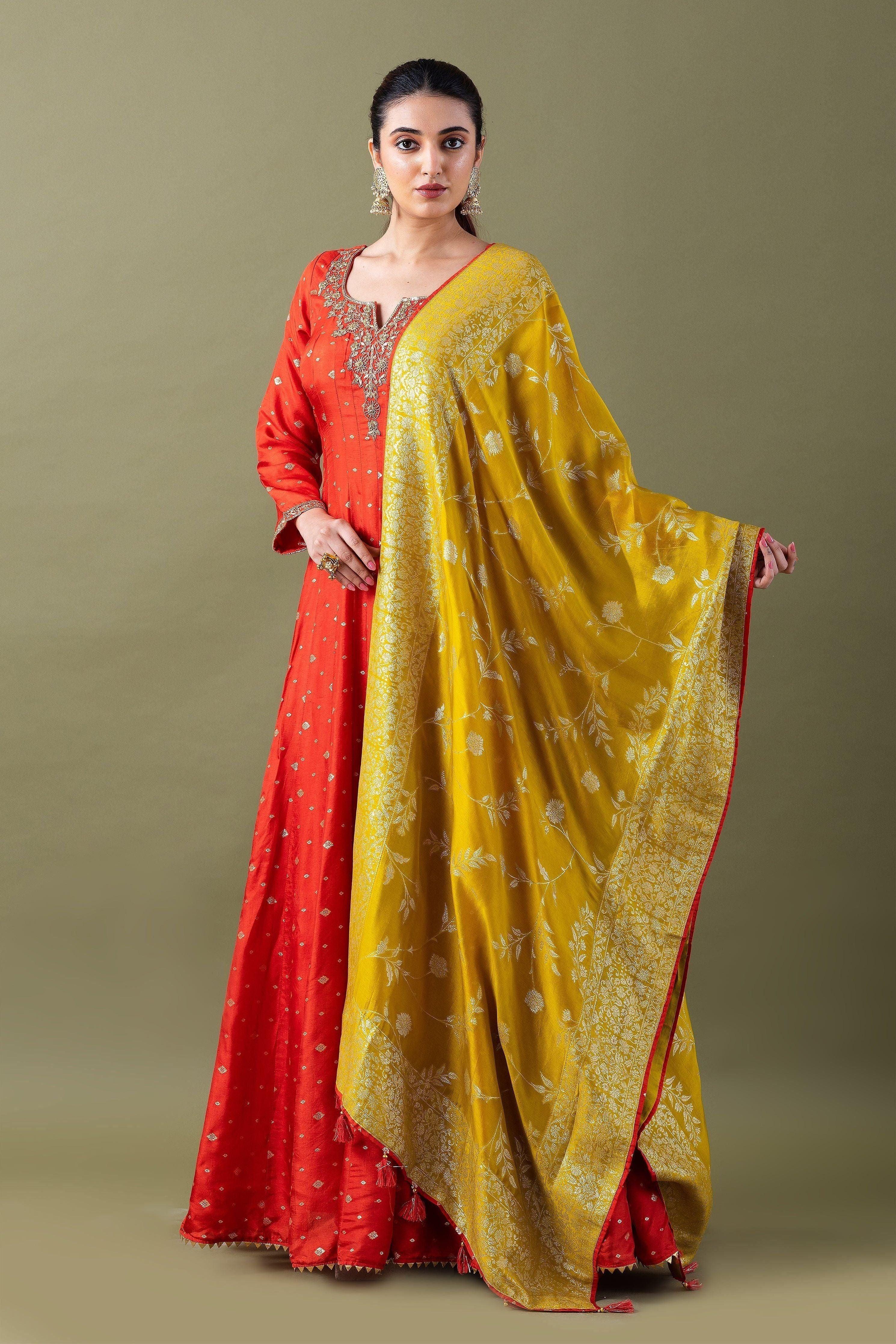 Red Banarasi Silk Kurta With Mustard Dupatta - Mokshaa