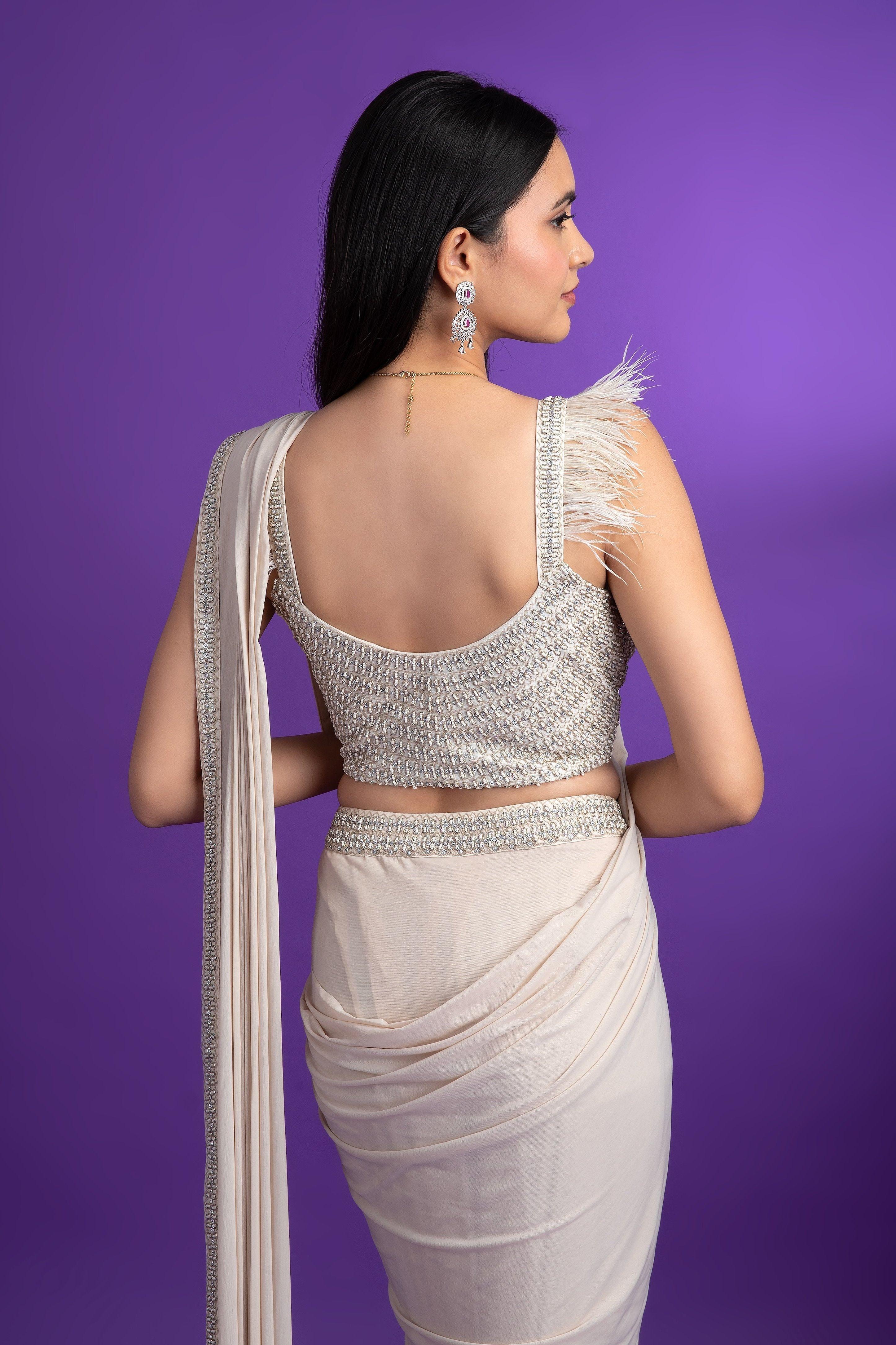 Ivory Net Drape Saree - Mokshaa