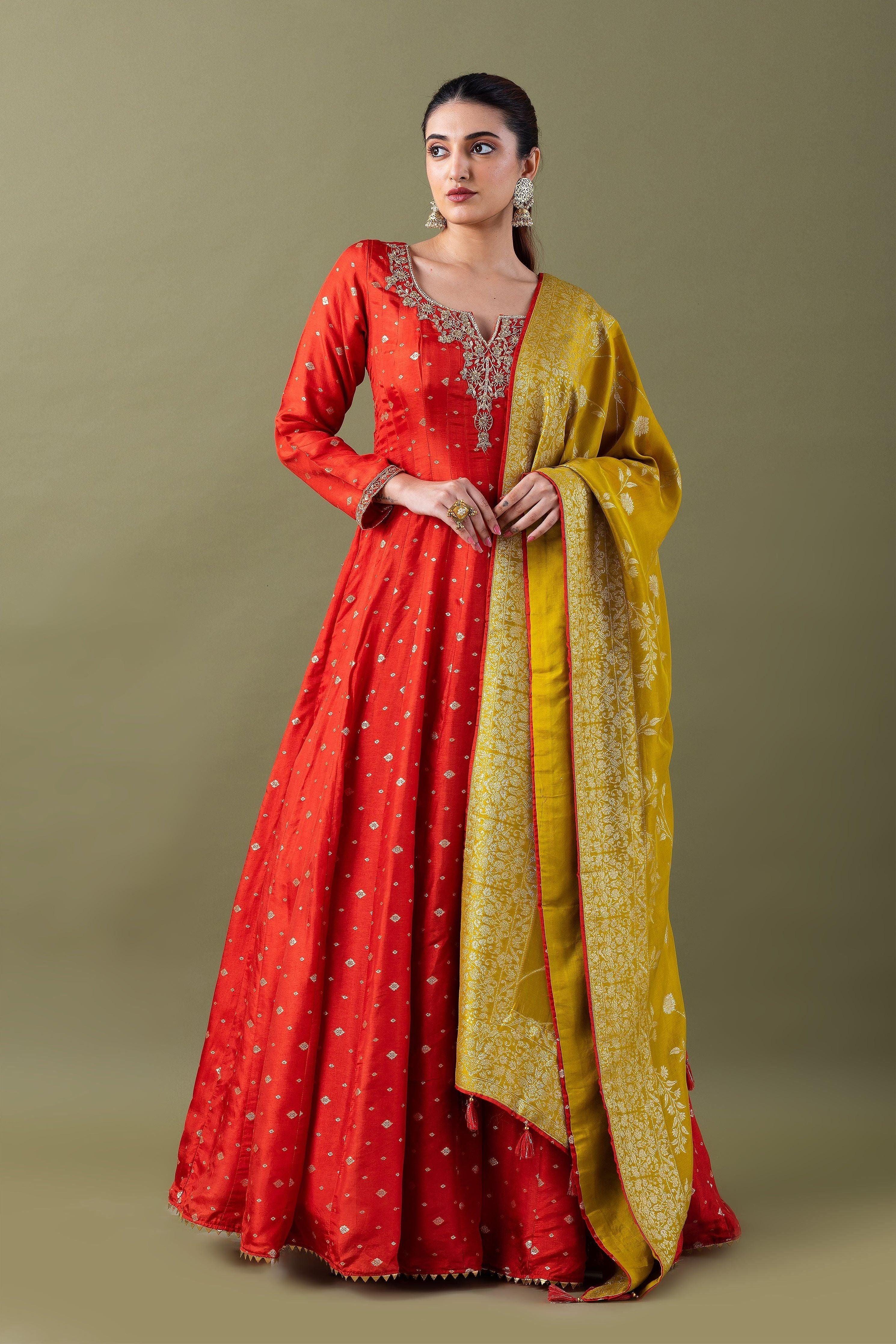 Red Banarasi Silk Kurta With Mustard Dupatta - Mokshaa