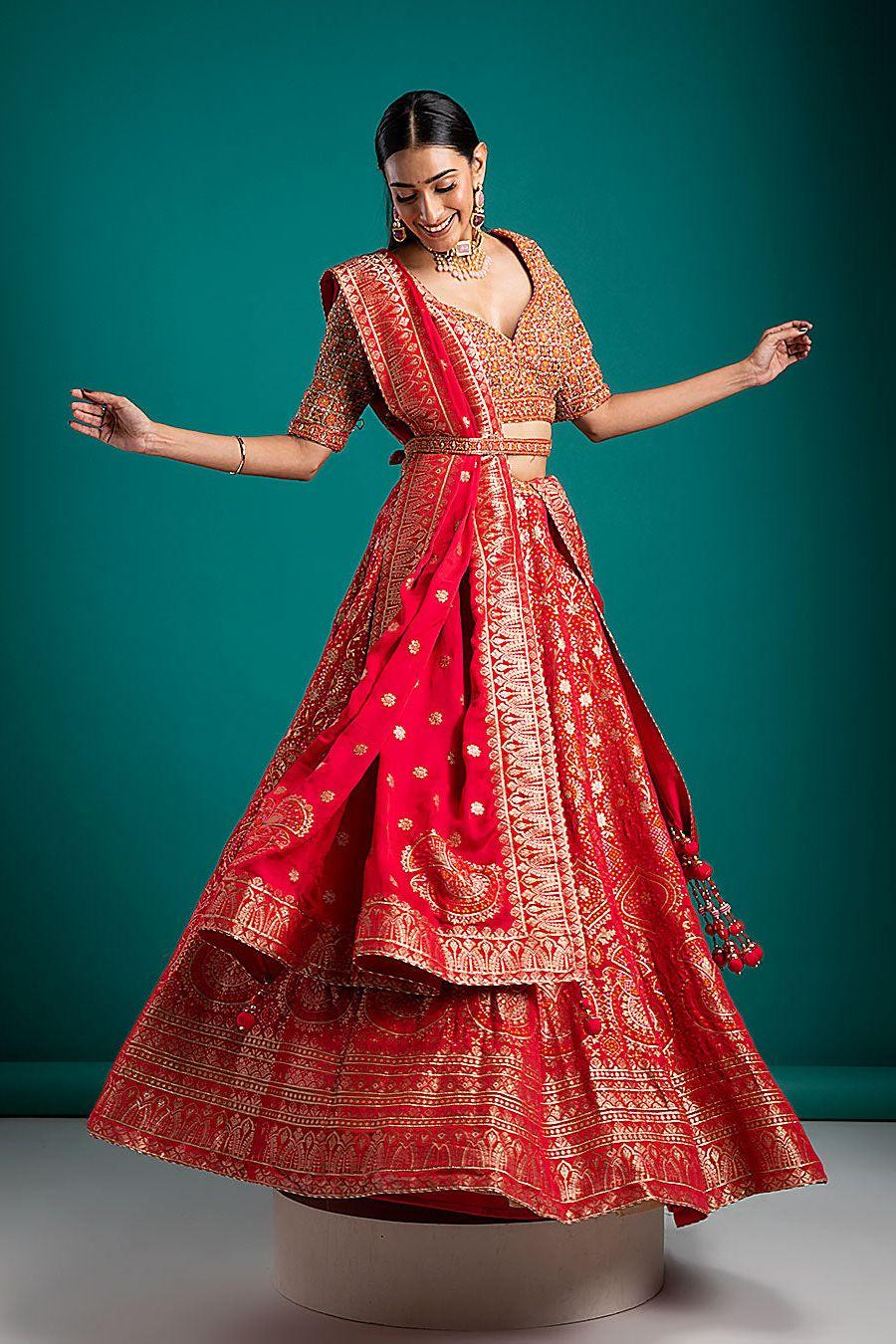 Vibrant Red Banarasi woven Lehenga - Mokshaa