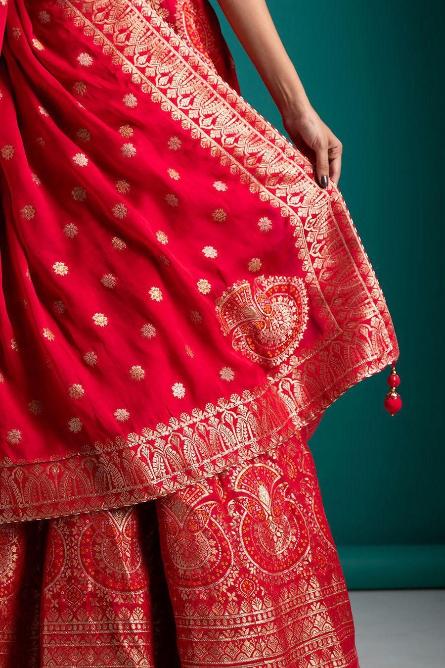 Vibrant Red Banarasi woven Lehenga - Mokshaa
