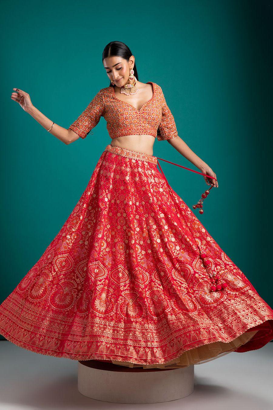 Vibrant Red Banarasi woven Lehenga - Mokshaa