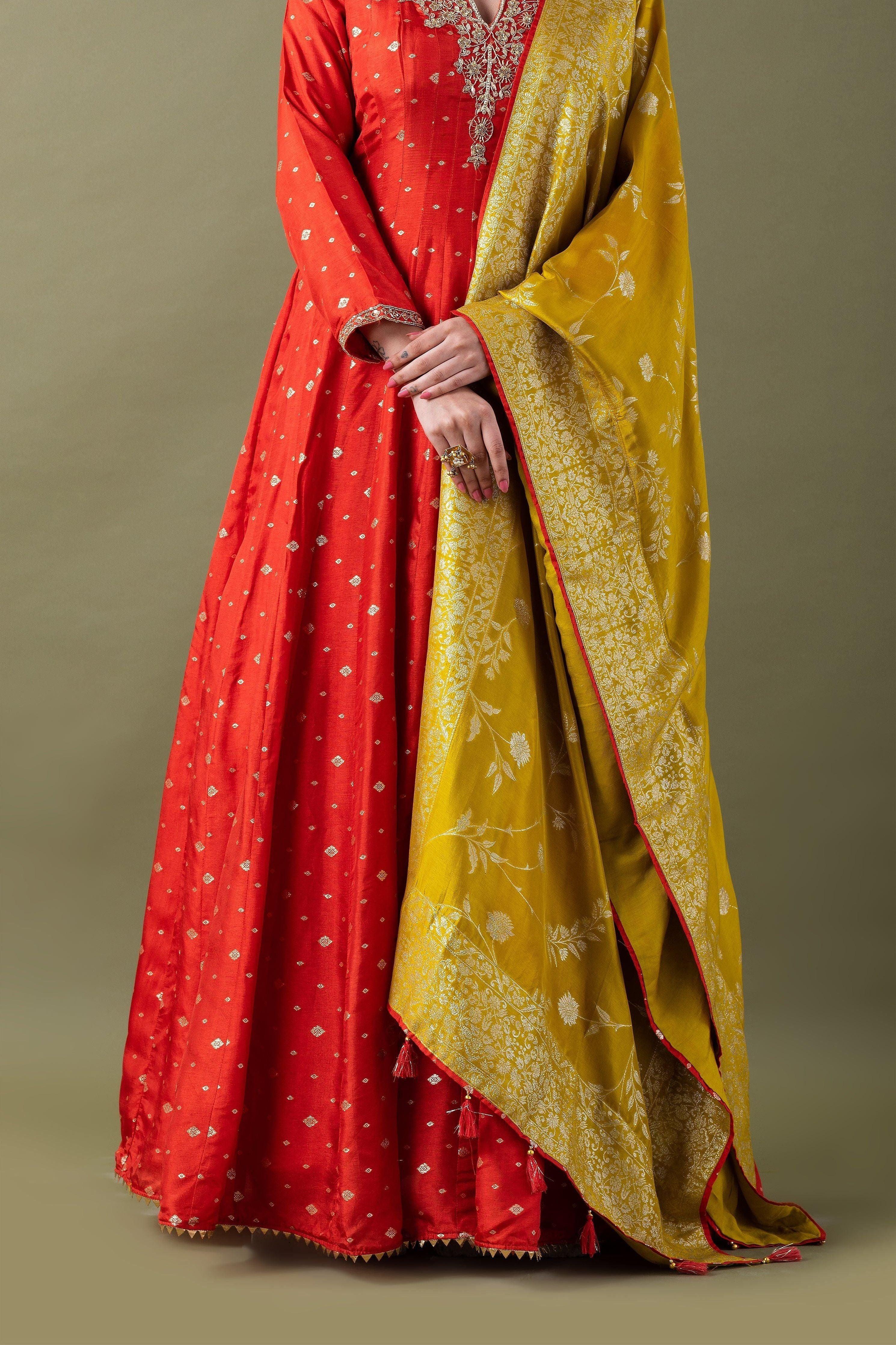 Red  Banarasi Silk Kurta With Mustard Dupatta - Mokshaa