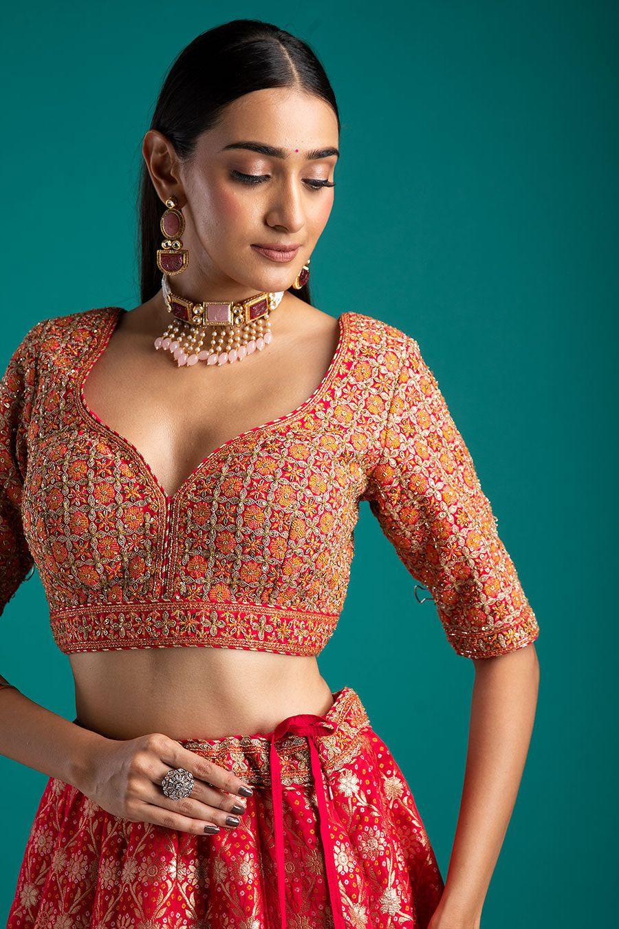 Vibrant Red Banarasi woven Lehenga - Mokshaa