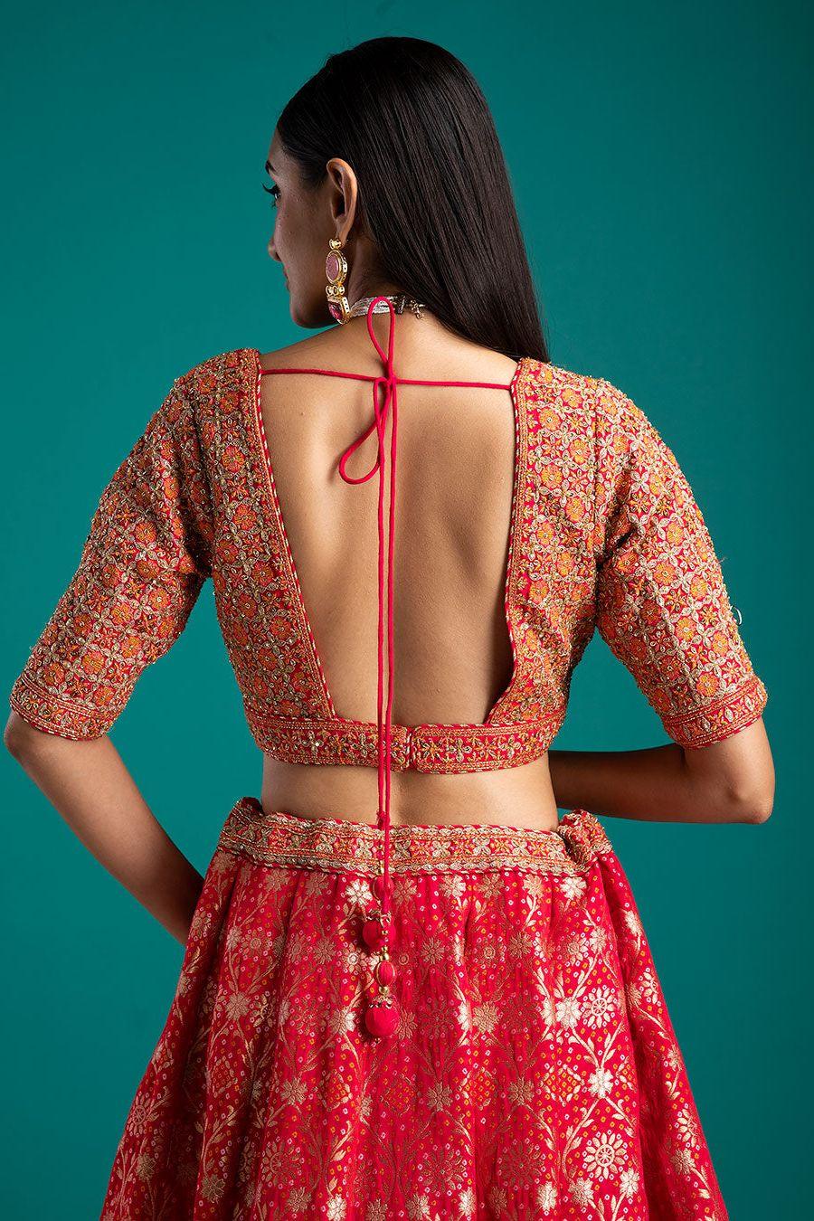 Vibrant Red Banarasi woven Lehenga - Mokshaa