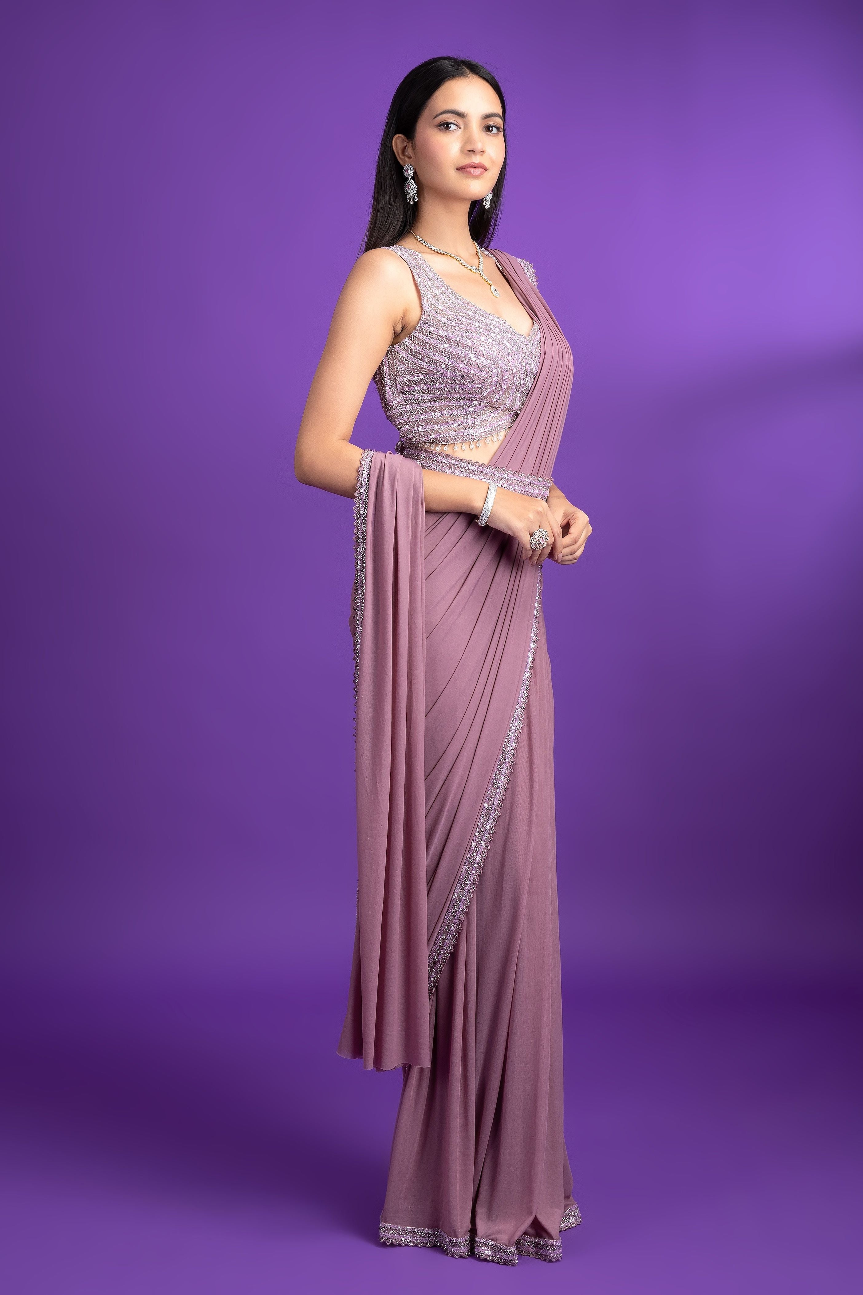 Lavender Net Drape Saree - Mokshaa