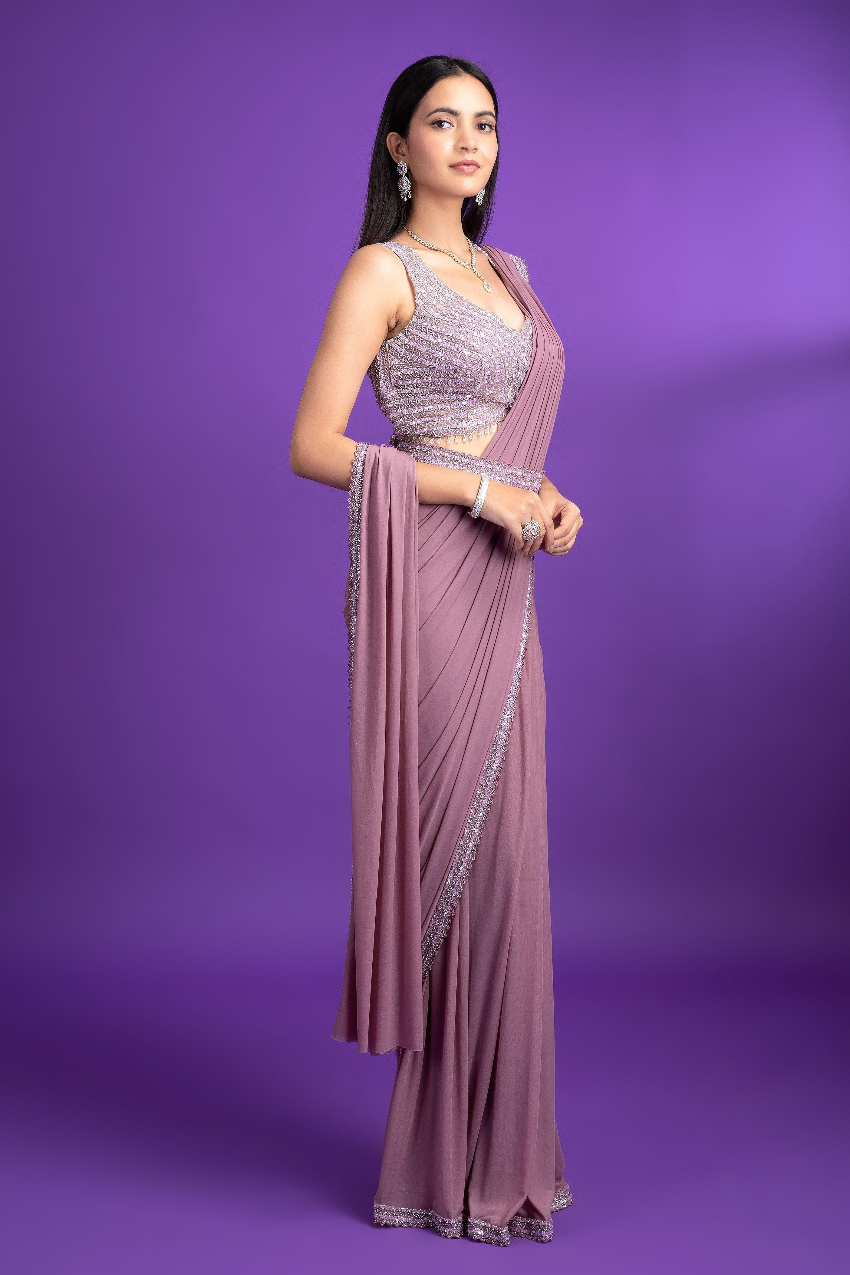 Lavender Net Drape Saree - Mokshaa
