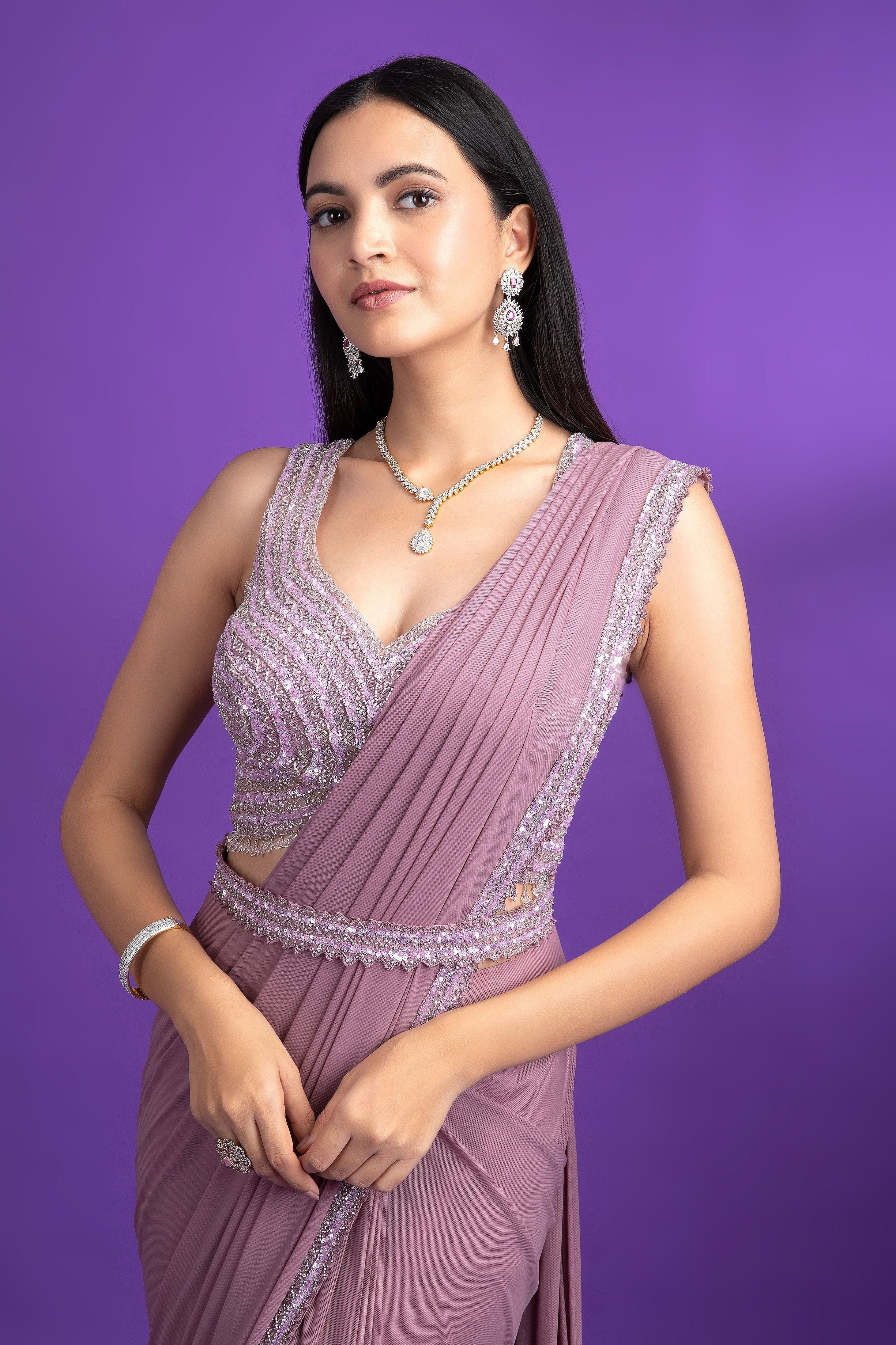 Lavender Net Drape Saree - Mokshaa