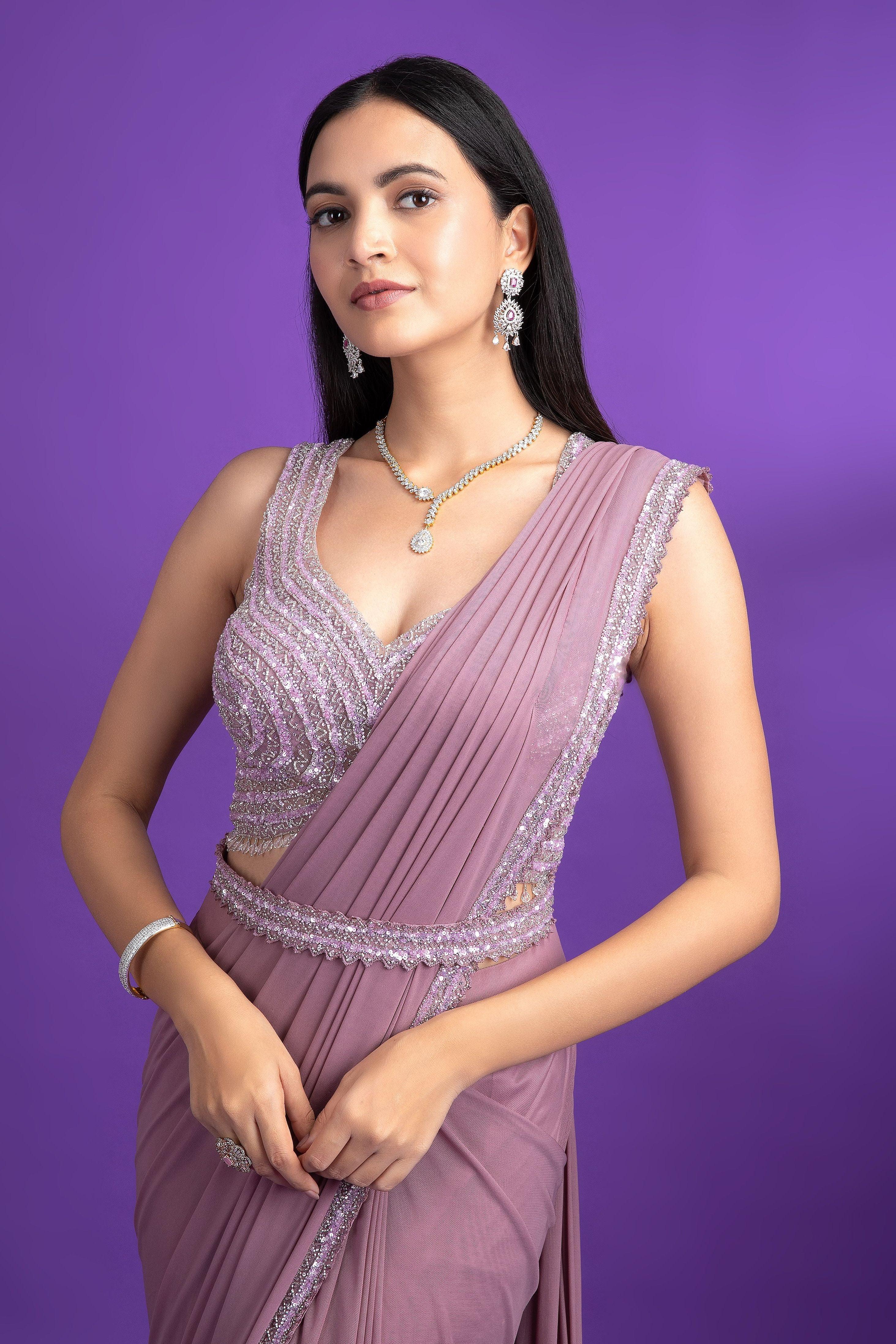 Lavender Net Drape Saree - Mokshaa